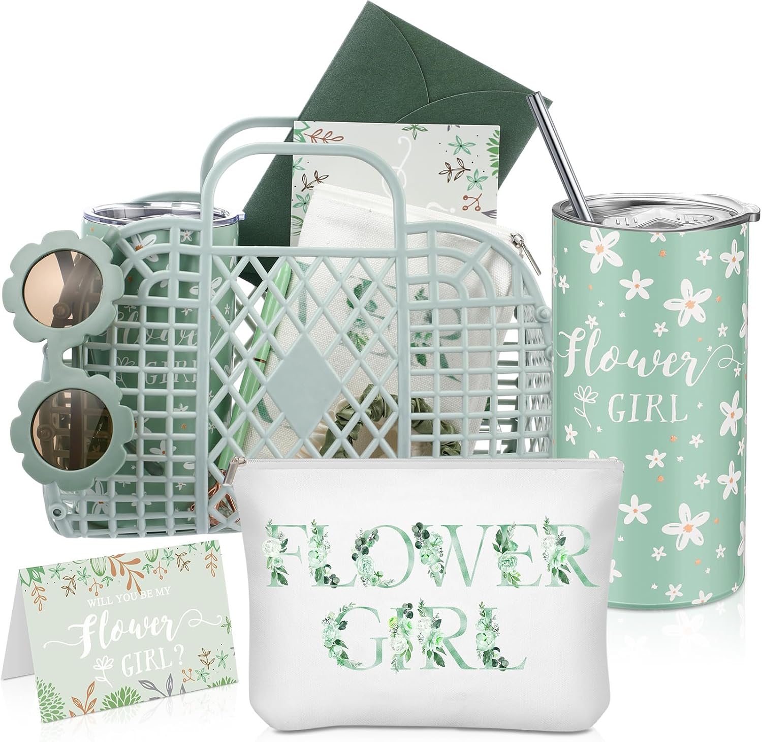 10 Pcs Flower Girl Jelly Basket Set Flower Girl Tumbler Sunglasses Makeup Bag Hair Scrunchies Clip Proposal Card with Pen Envelope Plastic Handbag for Wedding Bridal Shower (Green)