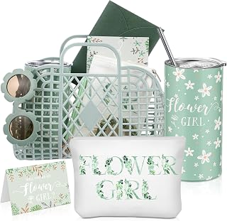 10 Pcs Flower Girl Jelly Basket Set Flower Girl Tumbler Sunglasses Makeup Bag Hair Scrunchies Clip Proposal Card with Pen Envelope Plastic Handbag for Wedding Bridal Shower (Green)