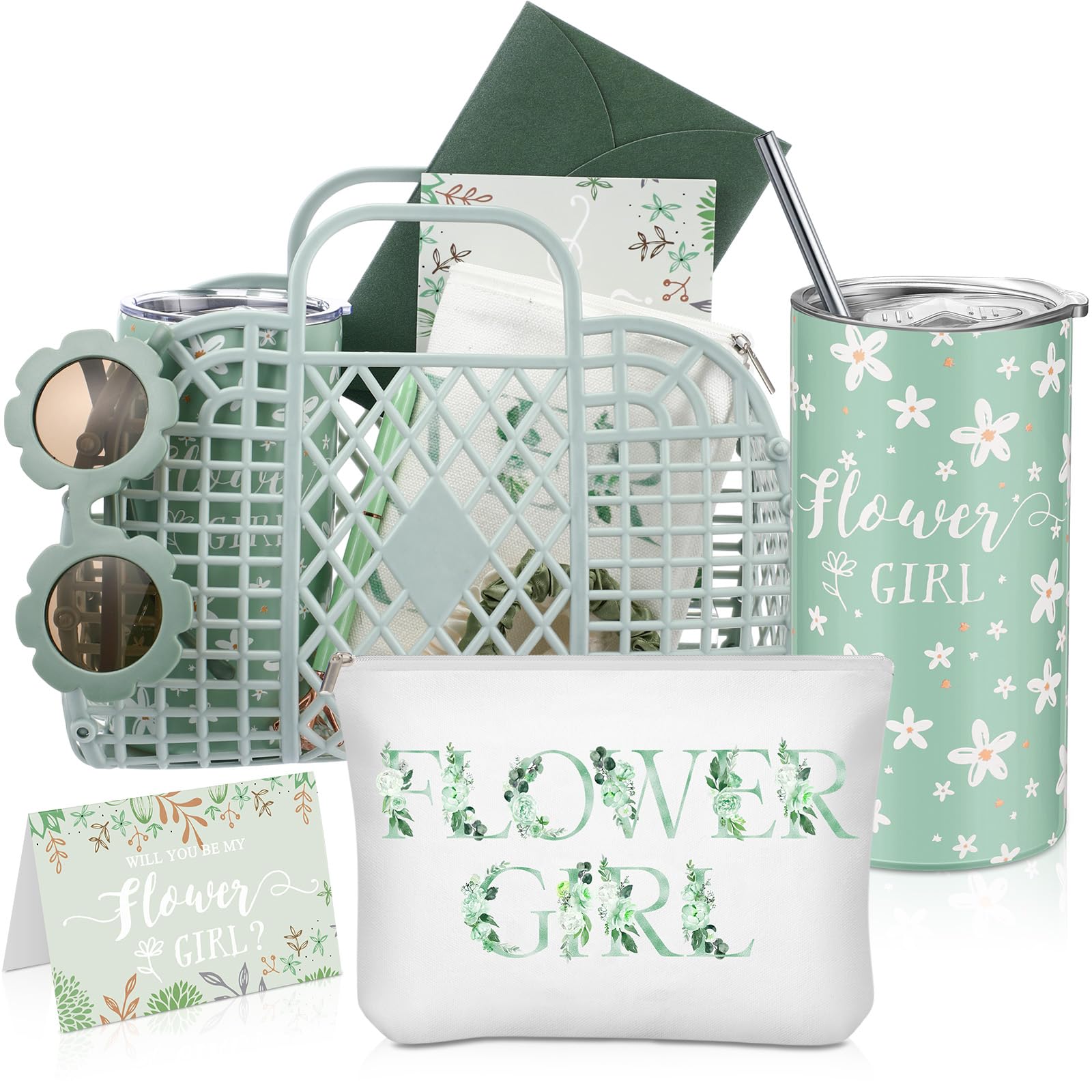 Ninehaoou 10 Pcs Flower Girl Jelly Basket Set Flower Girl Tumbler Sunglasses Makeup Bag Hair Scrunchies Clip Proposal Card with Pen Envelope Plastic
