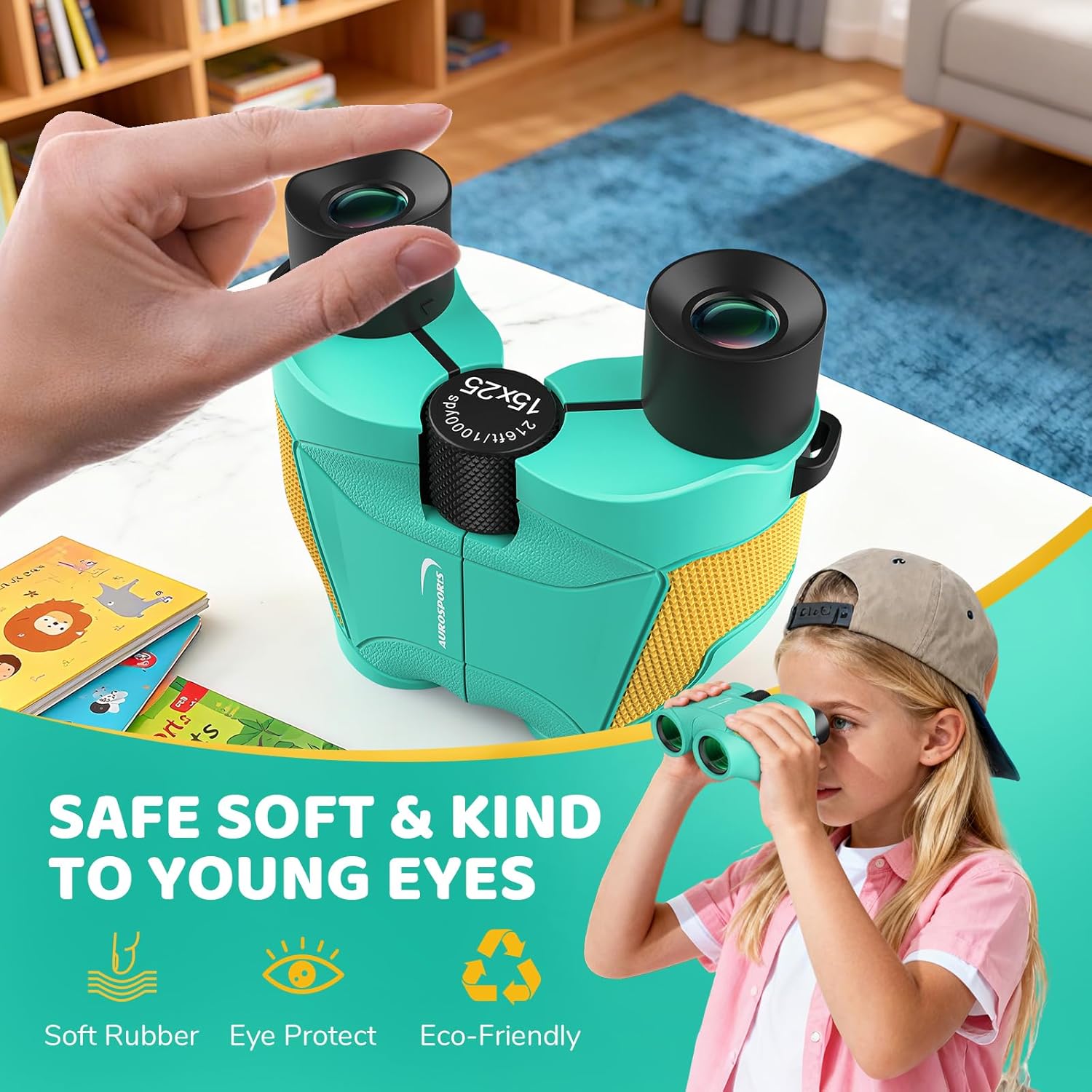 Aurosports 15x25 Compact Binoculars for Kids - Small Binoculars Lightweight with Carrying Case Birding Guide for Bird Watching Hiking Camping Travel Gift for 8-12 Years Boys Girls (Green) - Image 4