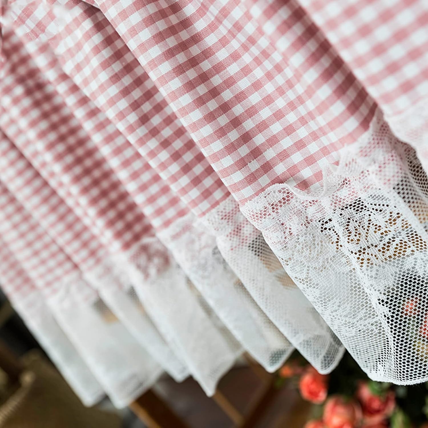 Kitchen Curtain,Natural Cotton Linen Cafe Curtain,Valance Bistro Curtain Country Style,Plaid lace Short Curtains,Tier Curtains Panels for Window Decorations cabinets bathrooms Kitchens