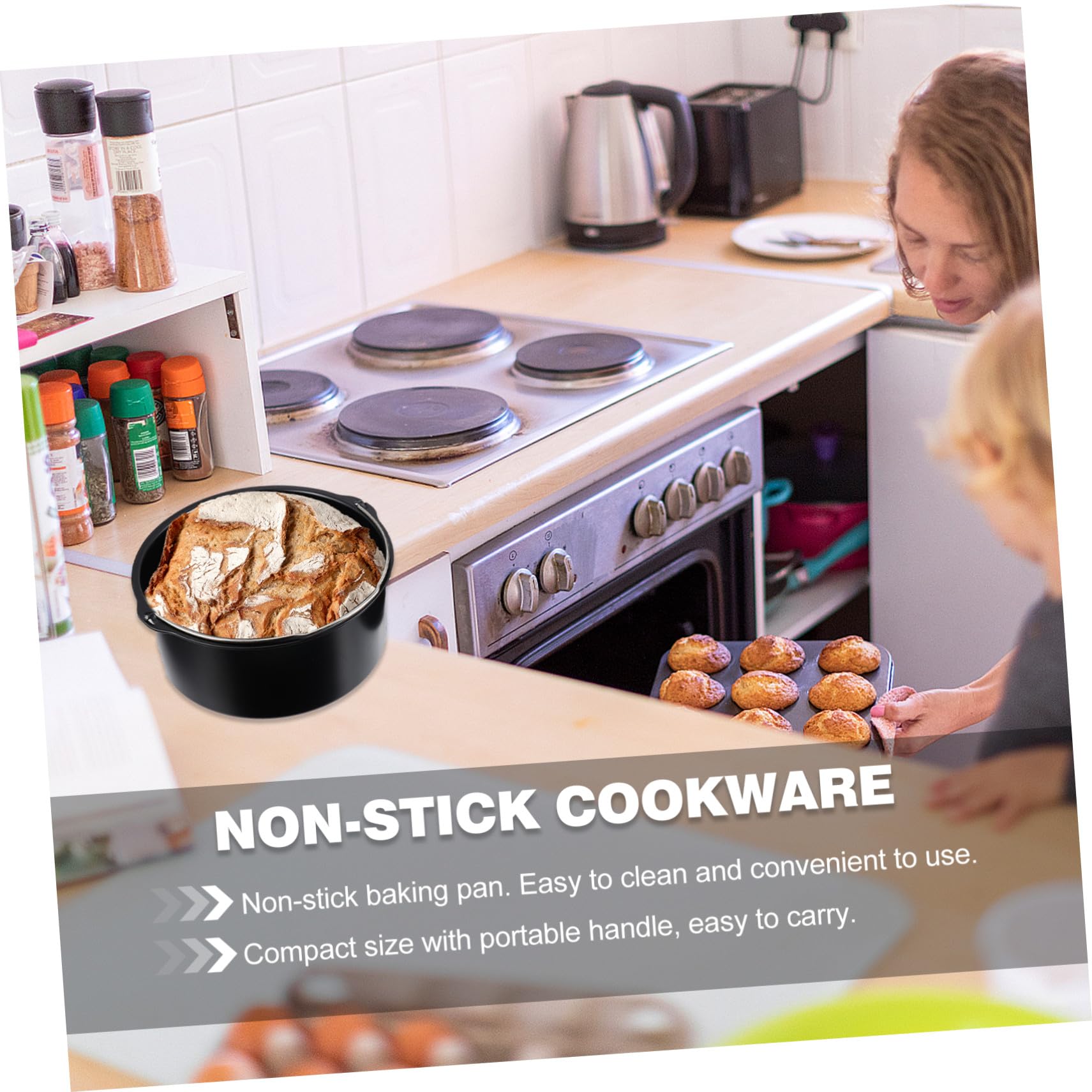 Moule à Gâteau Antiadhésif Rond 18 Cm en Acier Carbone Noir, Accessoires Friteuse à Air, Seau à Gâteau Poignée, Cuisson Maison et Pizza, Ensemble 2 Pièces