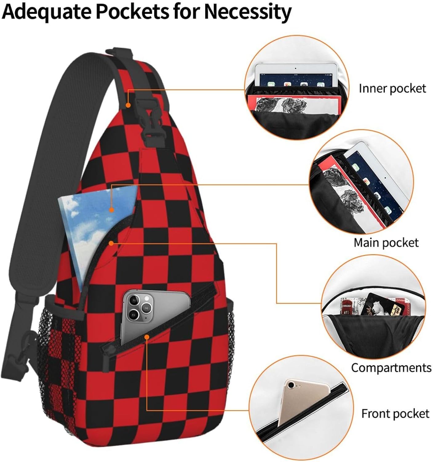 Checkered Crossbody Sling Bag for Women Men Abstract Geometric Pattern Christmas Plaid Sling Backpack Casual Chest Shoulder Bag Checkerboard with Red and Black Squares Sports Hiking Daypack - Image 3