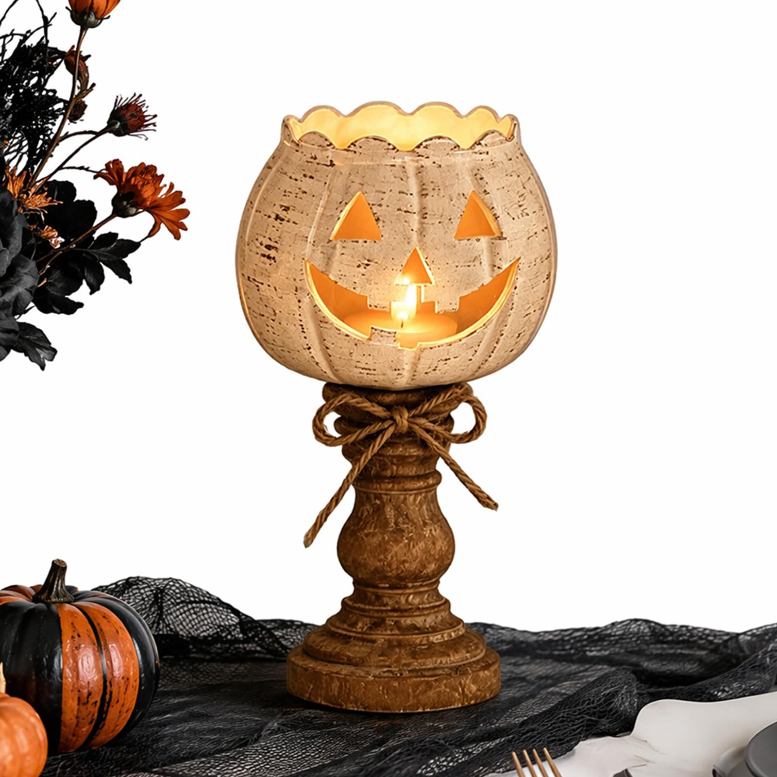 Rustic White Pumpkin Tealight Candle Holder Set Halloween Table Decor