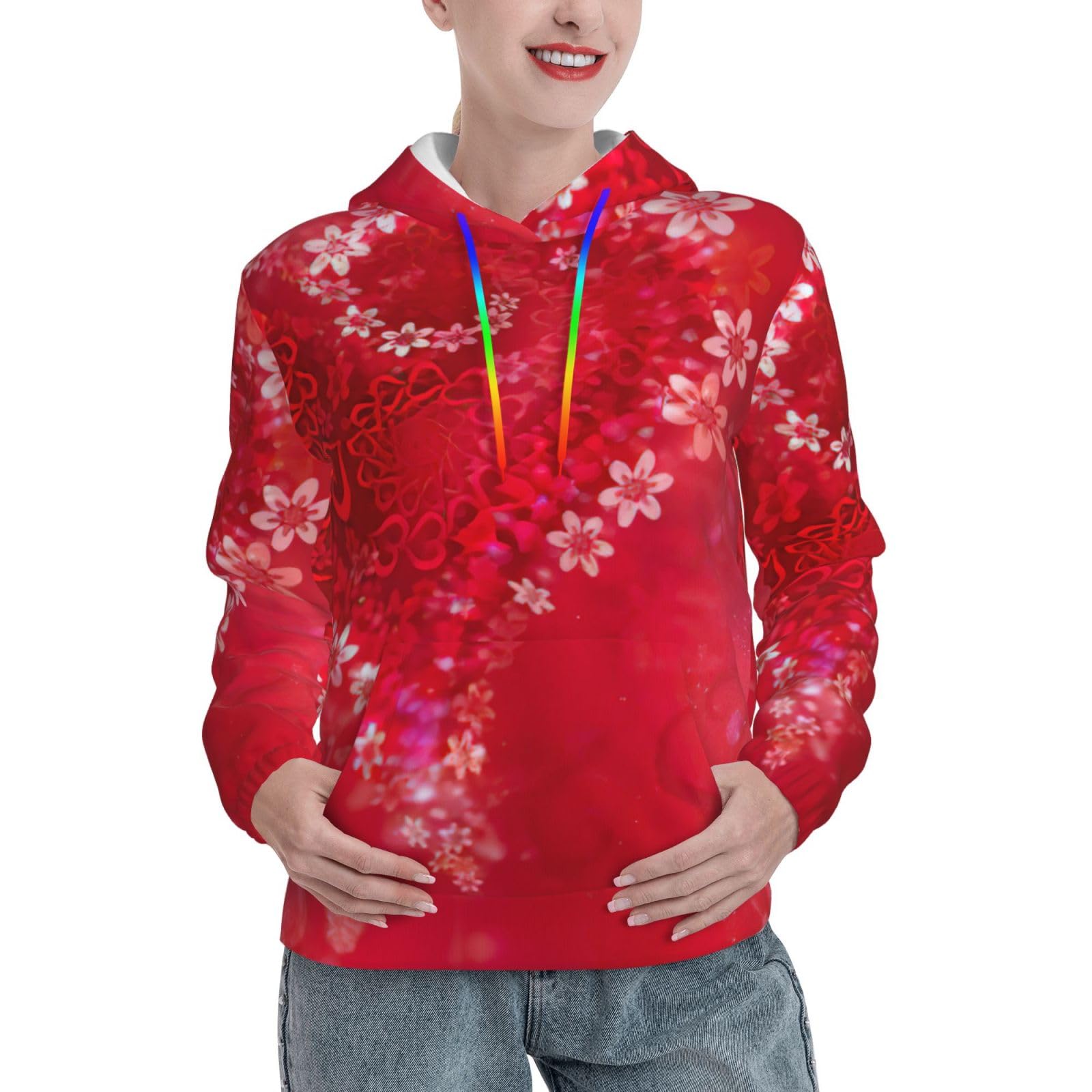 Sweat à capuche imprimé cœur rouge EdWal pour femme, pull confortable style décontracté - 8