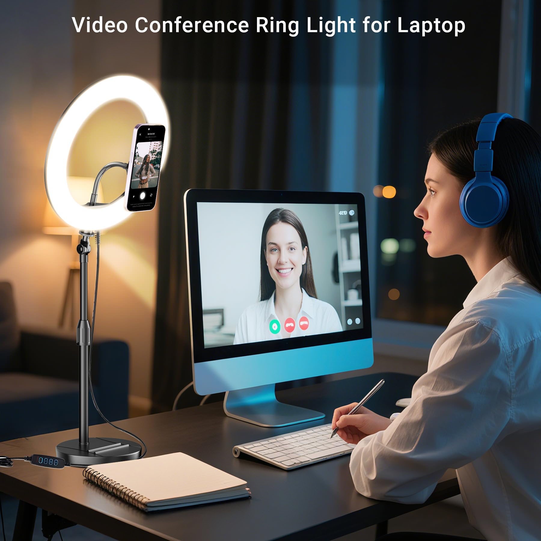 Luce ad anello da scrivania con supporto magnetico per telefono, kit di illuminazione per videoconferenze e podcast da 25,4 cm, per monitor del computer portatile, zoom e streaming di chiamate, luce