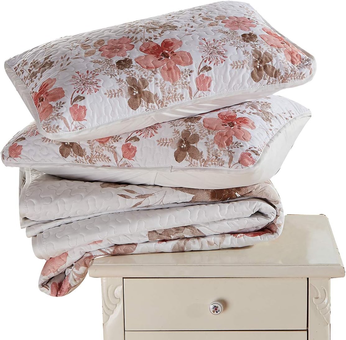 Luxury Home Collection 3 Piece King/California King Quilted Reversible Coverlet Bedspread Set Floral Printed Coral Taupe White