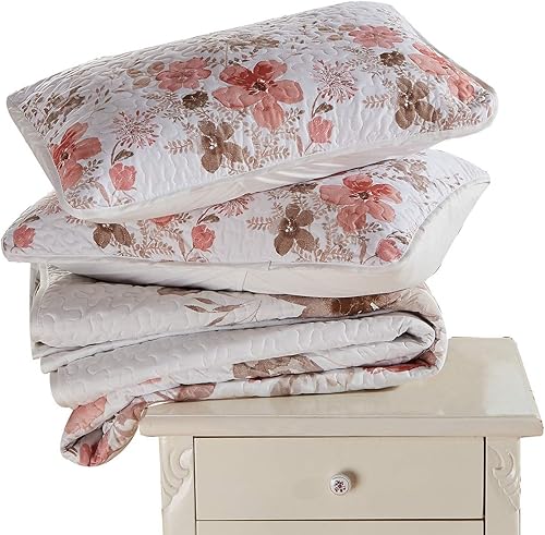 Miniatura 7 de Home Collection Juego de 3 piezas de colcha tamaño King California King con estampado floral de flores marrones turquesa de 118 x 95 pulgadas