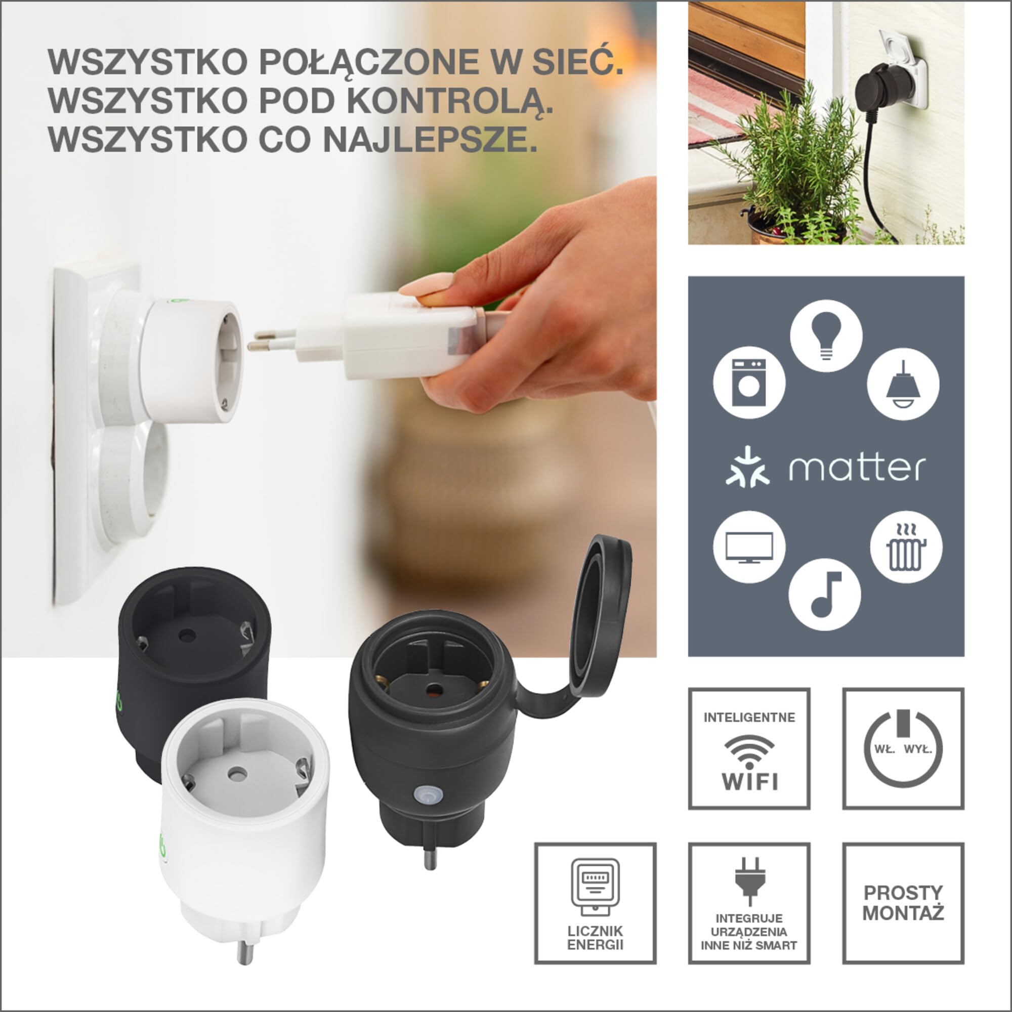 OSRAM Gniazdo zewnętrzne EU SMART+ MATTER, gniazdo zewnętrzne z kontrolą zużycia energii w kolorze czarnym wykonane z PP, stopień ochrony IP44, integracja urządzeń z inteligentnym domem