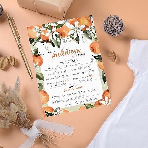 Miniatura 4 de Canopy Street Little Cutie - Juego de baby shower, 25 tarjetas temáticas de cítricos naranjas de predicción para bebés, hojas de actividades de