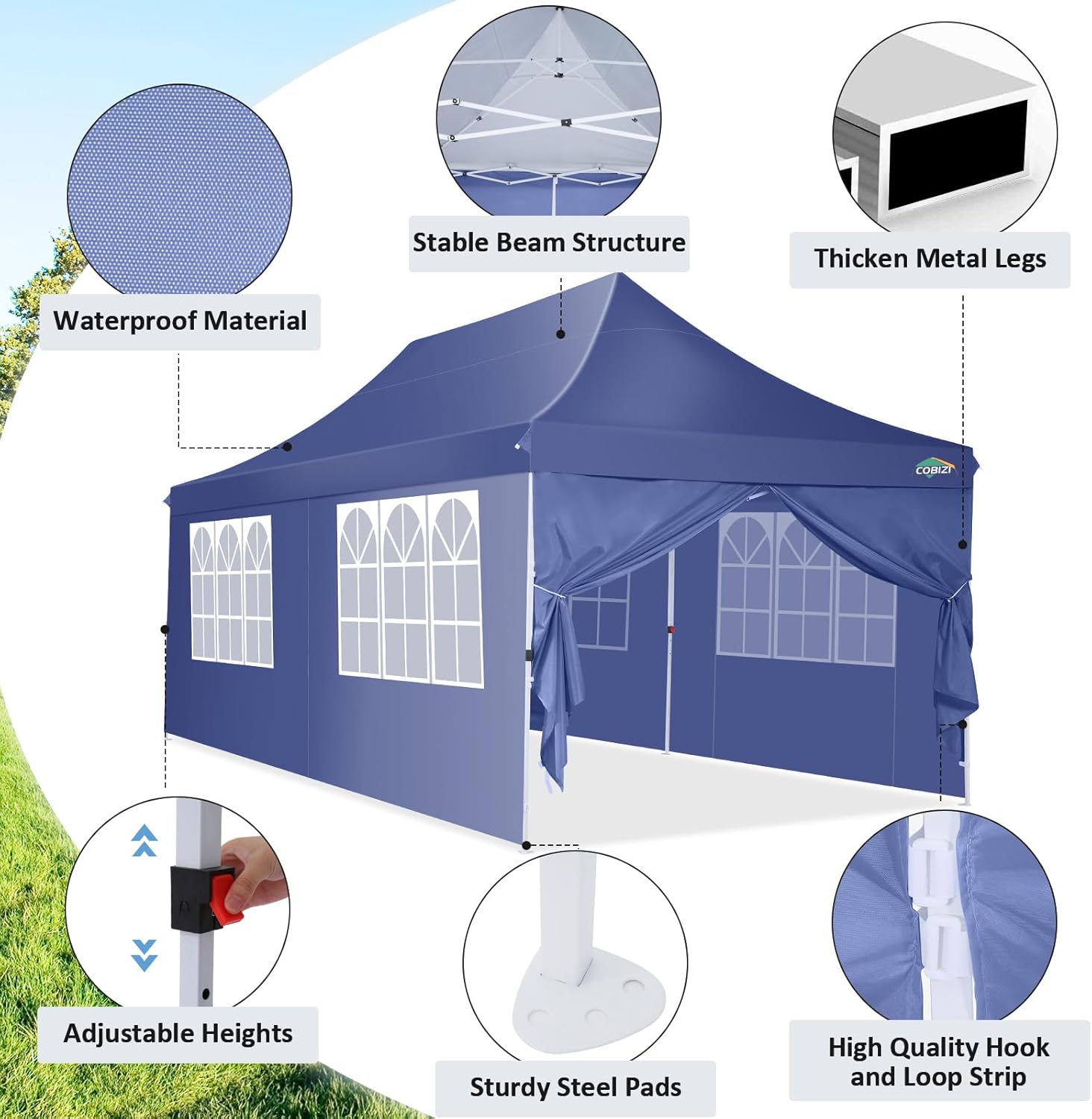 COBIZI 10x20 Pop Up Canopy with 6 Sidewalls, Conical Party Tent 10x20 with 3 Adjustable Height Waterproof, UV-Resistant with Carry Bag, Sandbag, Stake, Ropes for Parties, Commercial (Frame Upgraded)