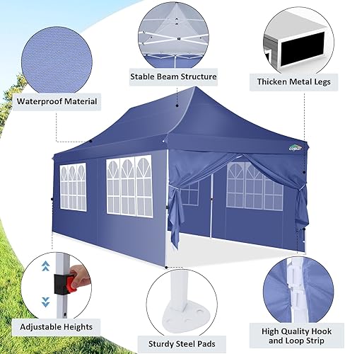 Miniatura 4 de COBIZI Tienda de campaña desplegable de 10 x 20 pies con 6 paredes laterales extraíbles, toldo comercial fácil de montar, impermeable y UV50+ con