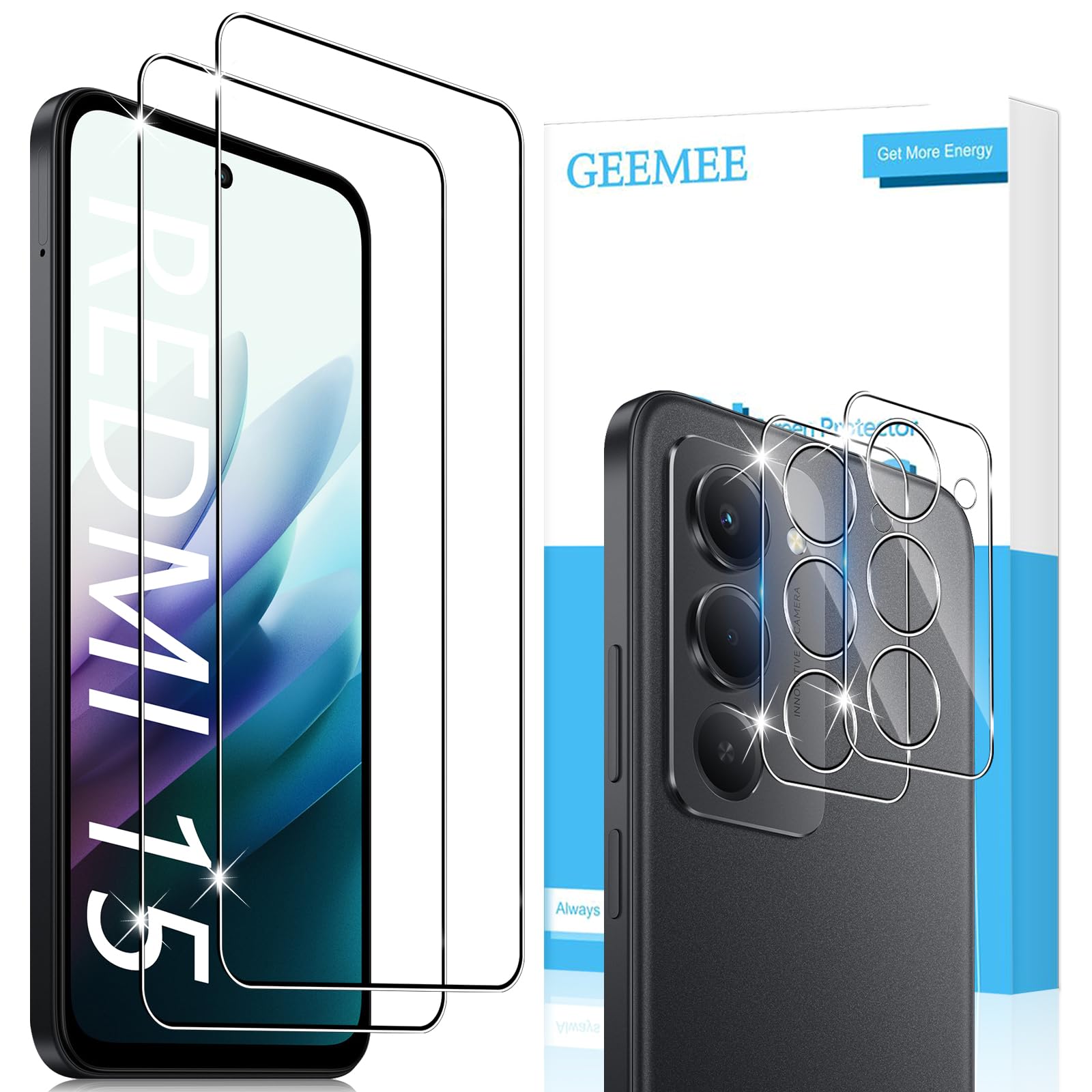 Funrae Beschermfolie voor pantserglas voor Xiaomi Redmi 15C 15C 4G, 2 stuks displaybeschermfolie en 2 stuks camerabescherming, 9H hardheid