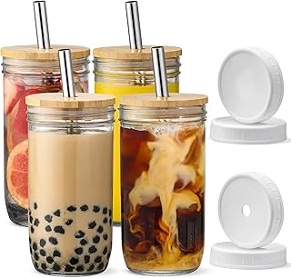 [ 4 Pack ] Glass Cups Set - 24oz Mason Jar Drinking Glasses w Bamboo Lids & Straws & 2 Airtight Lids - Cute Reusable Boba Bottle, Iced Coffee Glasses, Travel Tumbler for Bubble Tea, smoothie, Juice