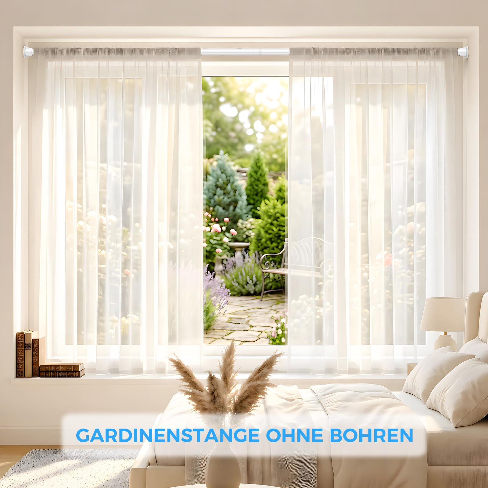 2 Stück Gardinenstange ohne Bohren 78‑196 cm, weiße Teleskopstange
