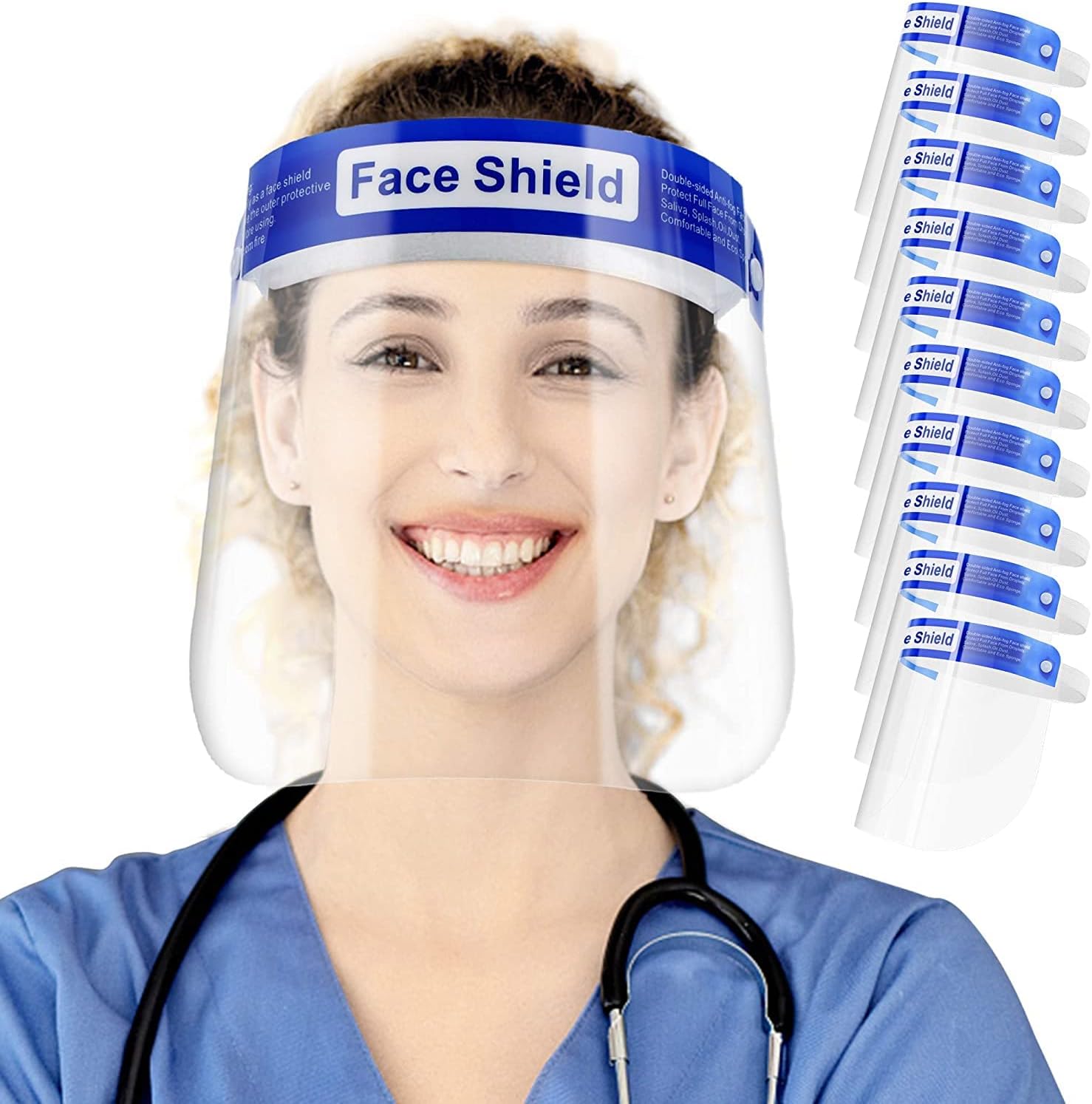 Sheevol Beauty 10 Pack Safety Face Shields All Round Protection, Anti Fog Lens, Lightweight Transparent Shield With Adjustable Elastic Band For Men & Women, Blue, V-Shiled-10-1