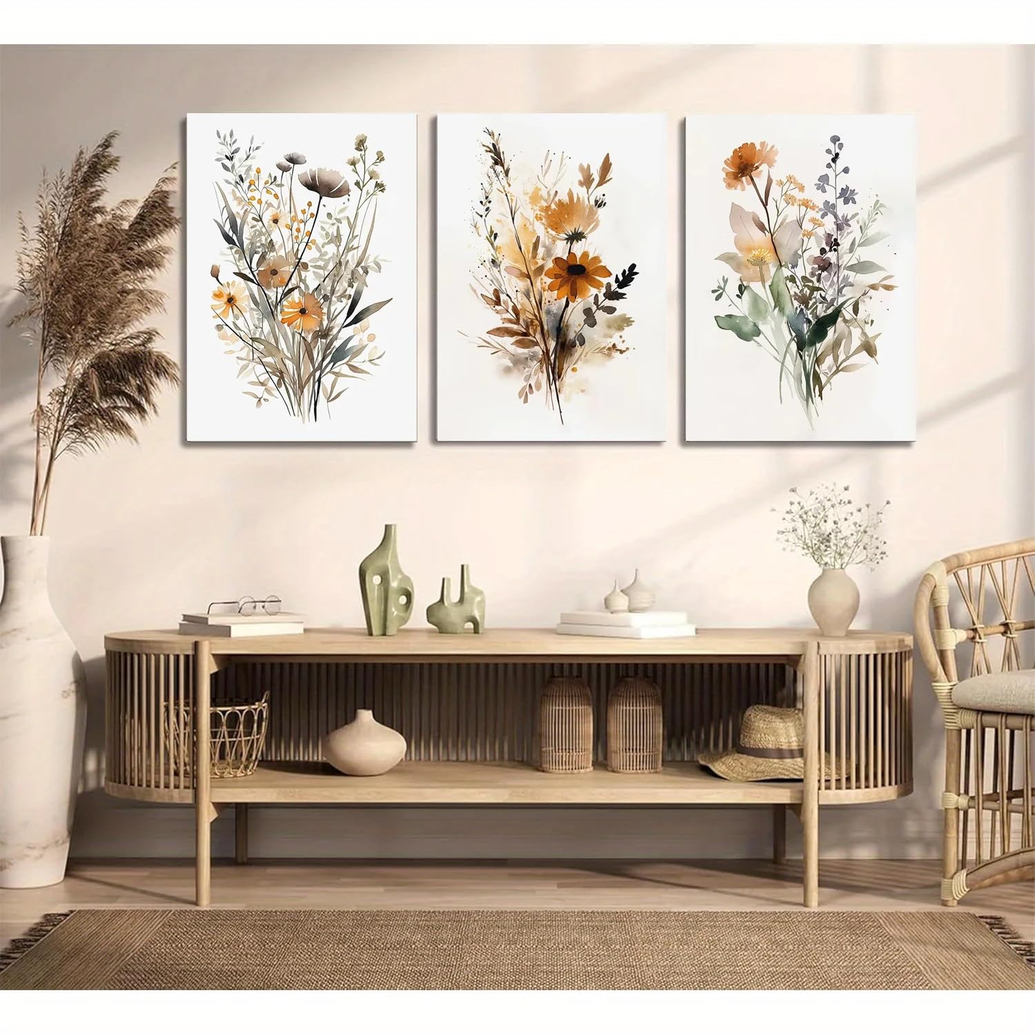 Wbyzac Green Botanical Posters-Abstract Scandinavian Modern Floral Art Poster Beautiful Neutral Watercolour Wildflowers For Living Room Kitchen Office Decoration-60 * 80Cm*3Pcs (No Frame)