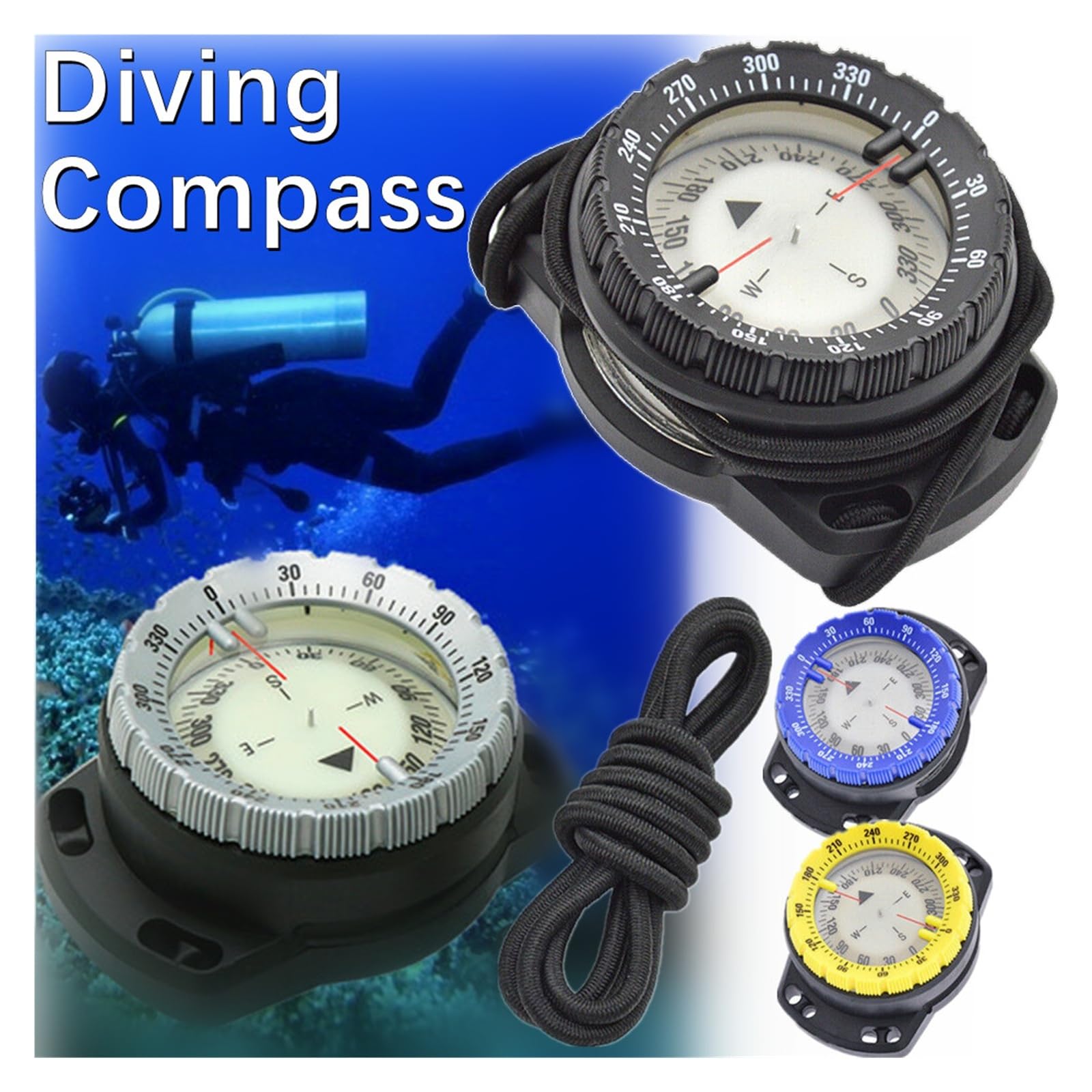 Design équilibré rempli de liquide | Boussole de plongée sous-marine de 50 m avec poignet lumineux, étanche, outil de navigation avec sangle élastique pour la plongée sous-marine, le camping, la