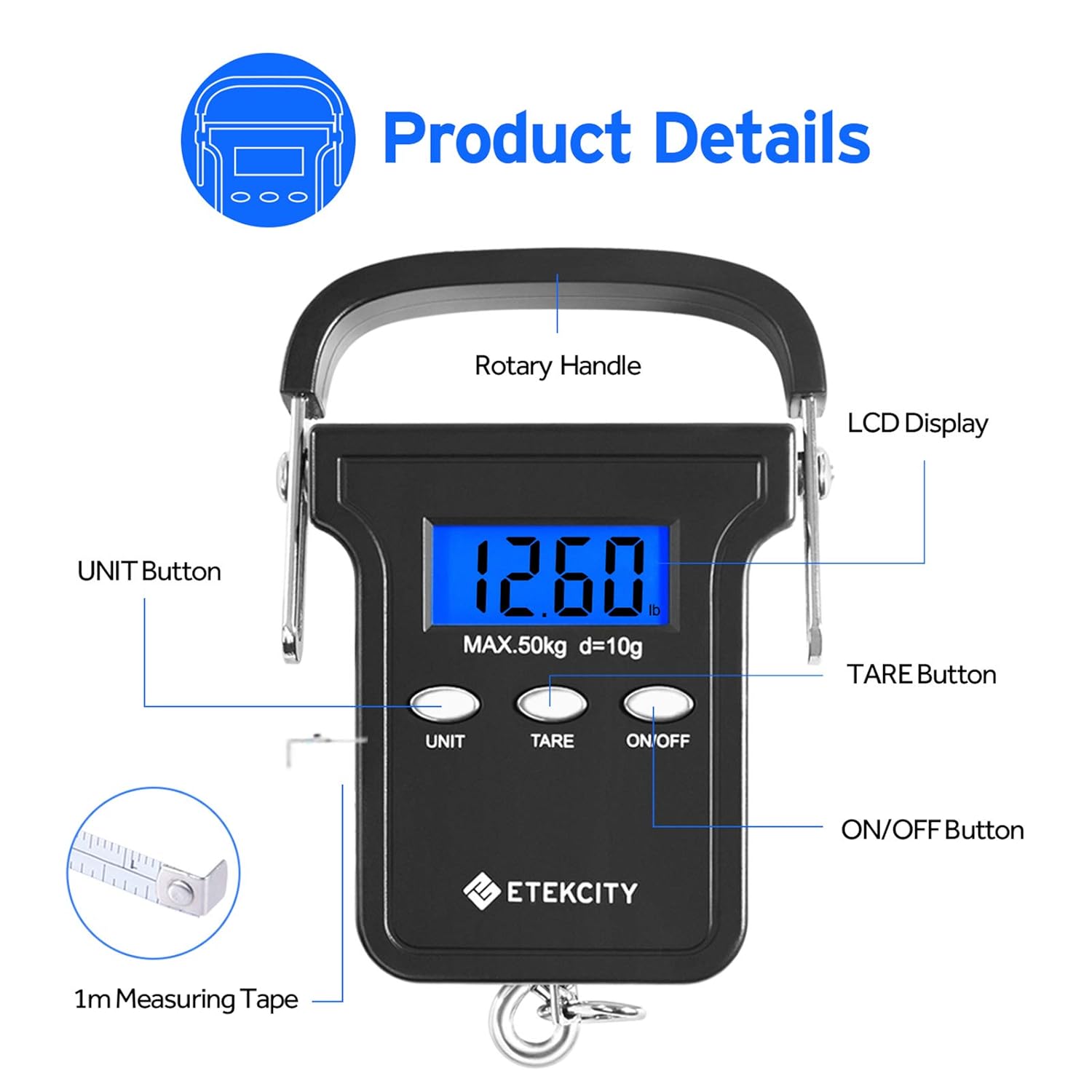 Etekcity Fishing Scale with Backlit LCD Display, 110lb/50kg Digital Electronic Hanging Hook Scale with Batteries and Carry Pouch Included, Black, Non-Slip Handle: Industrial & Scientific