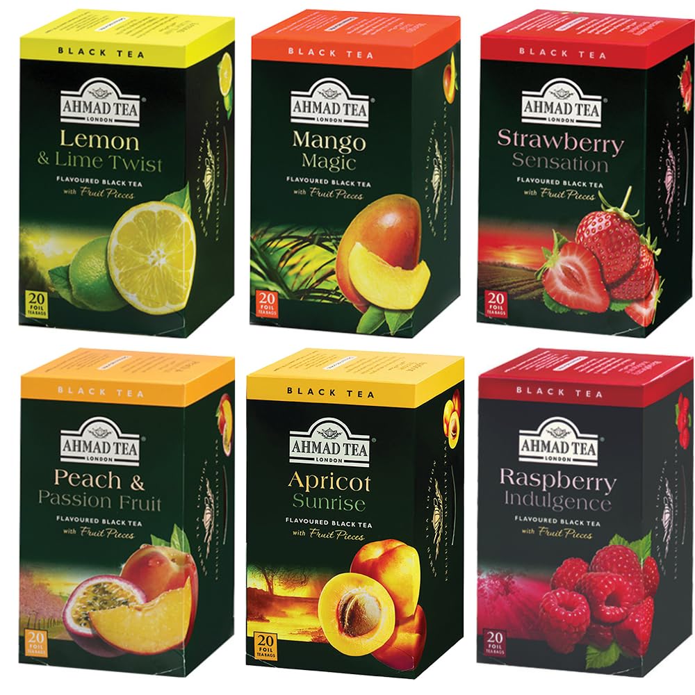 Ahmad Black Tea Variety Pack with Lemon and Lime, Mango Magic, Peach and Passion Fruit, Apricot Sunrise, Strawberry Sensation & Raspberry Indulgence, 20 bags each (Pack of 6)