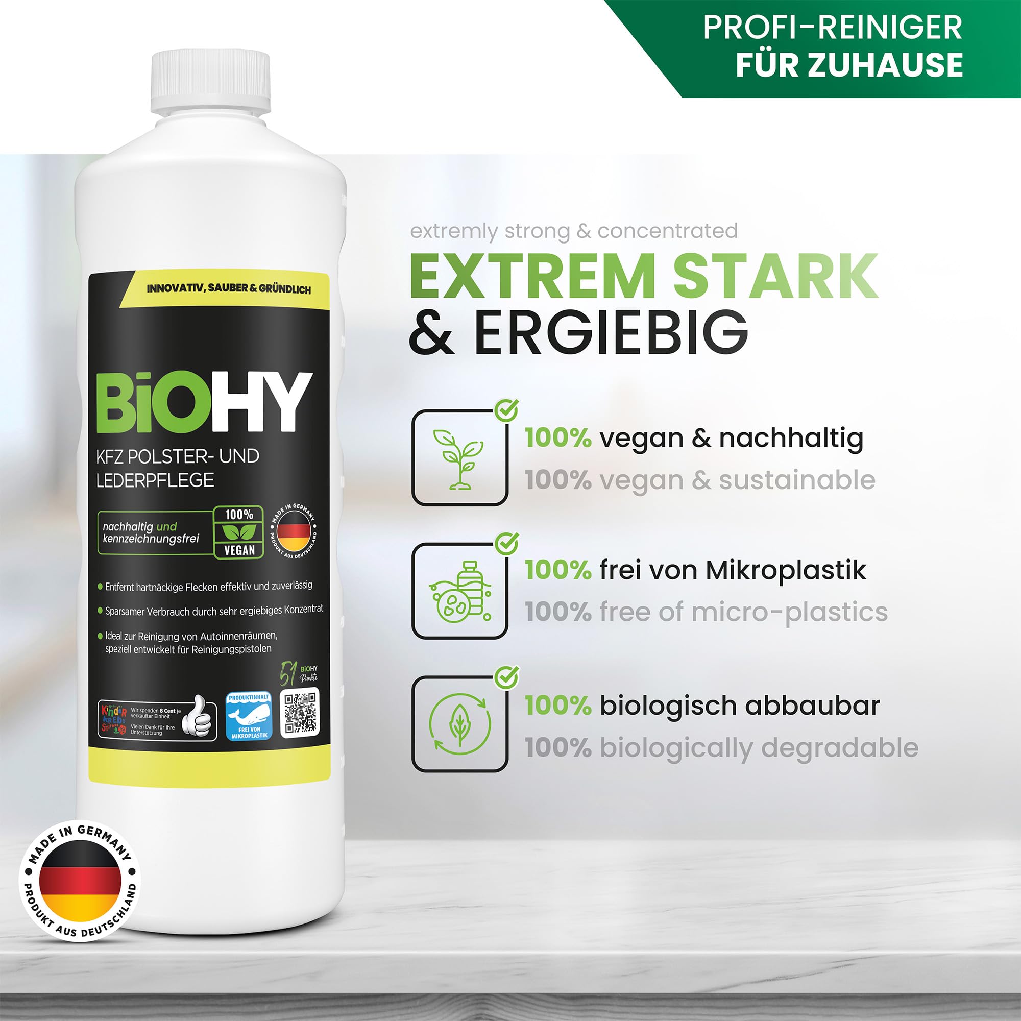 BiOHY Nettoyant cuir et habitacle de la voiture (Bidon de 10l) + Robinet | entretien de l'intérieur de la voiture | shampoing nettoyant | odeur agréable | Détachant pour sièges d'auto (KFZ Polster)