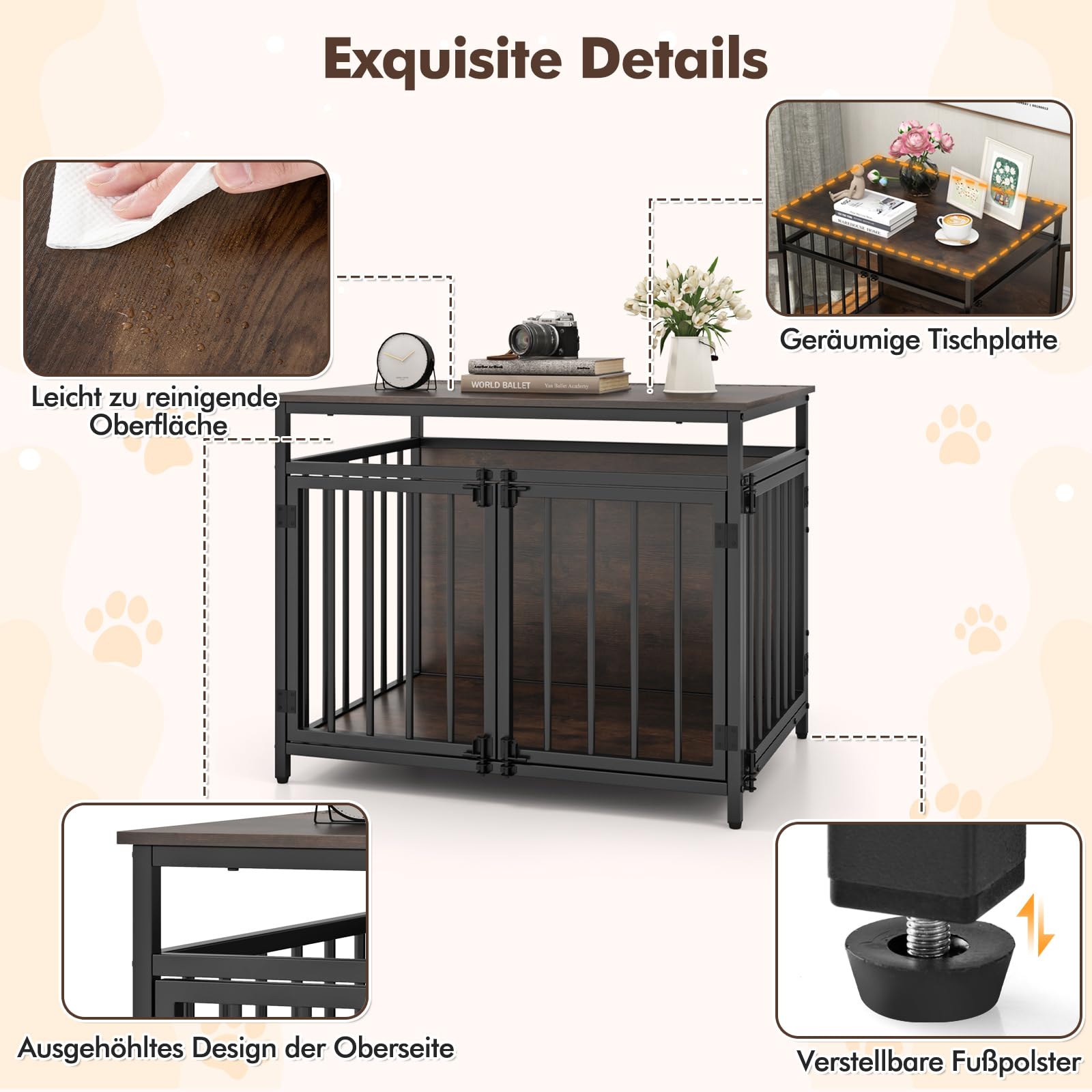 COSTWAY Hundekäfig Möbel, Hundebox für zuhause mit DREI Türen, Hundegitterbox Holz Indoor für kleine & mittelgroße Hunde, Beistelltisch aus Holz & Metall, 80 x 60 x 64 cm