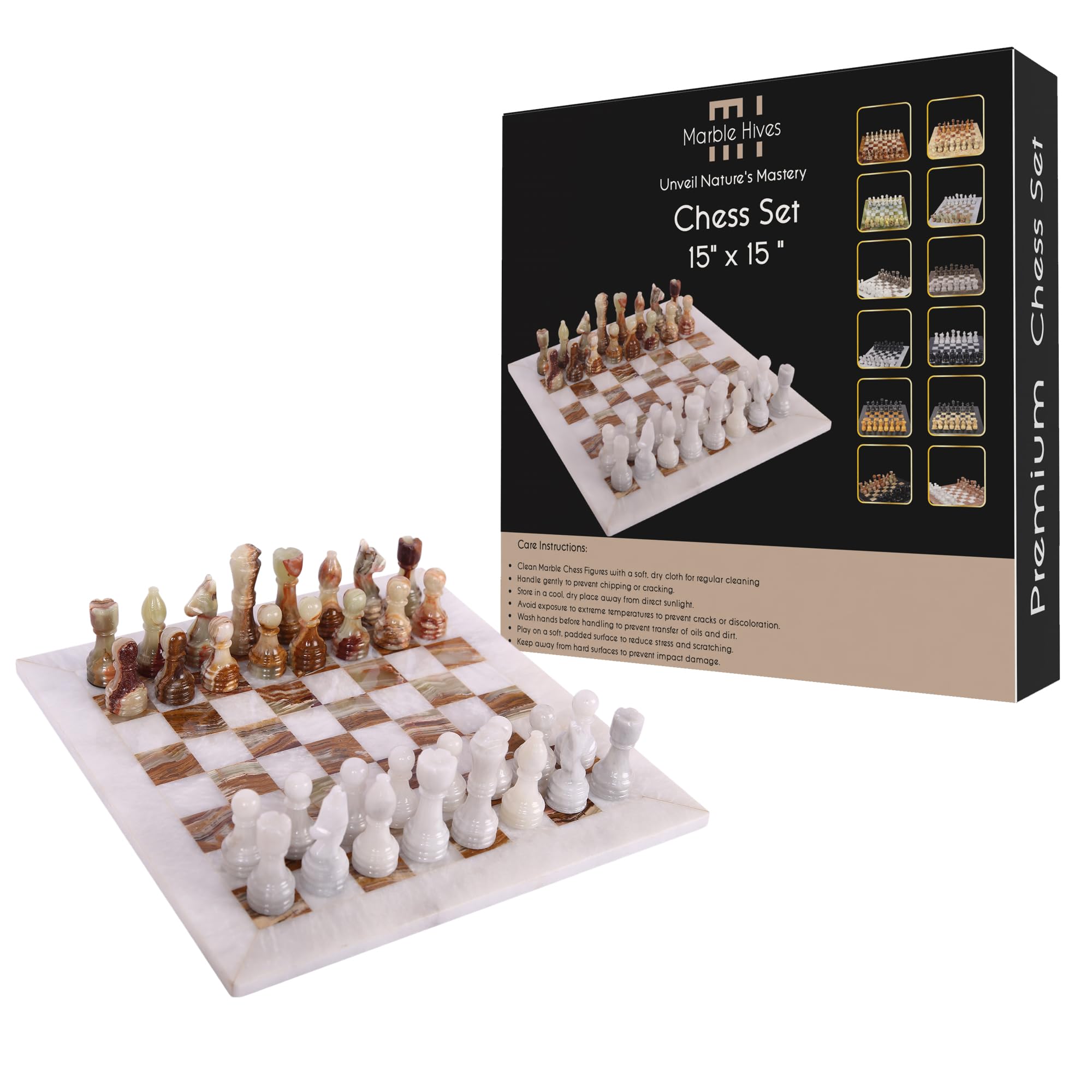 Handmade Marble Chess Set - Luxury Handmade Marble Set – Chess Sets for Adults - Premium Quality Boards -10,12,15 & Only Figures (White and Onxy Green) (15 Inch Chess Set)