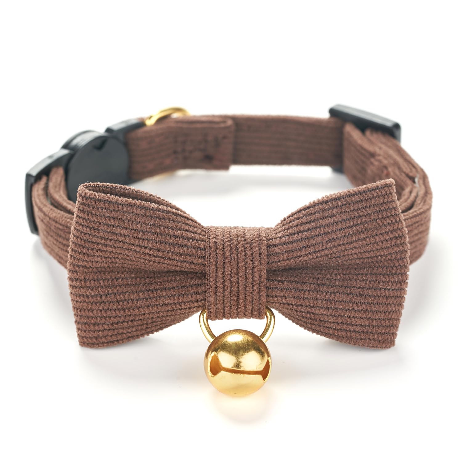 YUDOTE Ultra-soft Collar Natural Cotton Corduroy Made for Cats with Sensitive Skin,Lightweight Kitten Collars with Quick-release Buckle and Removeable Bow-tie,Brown Pack of 1