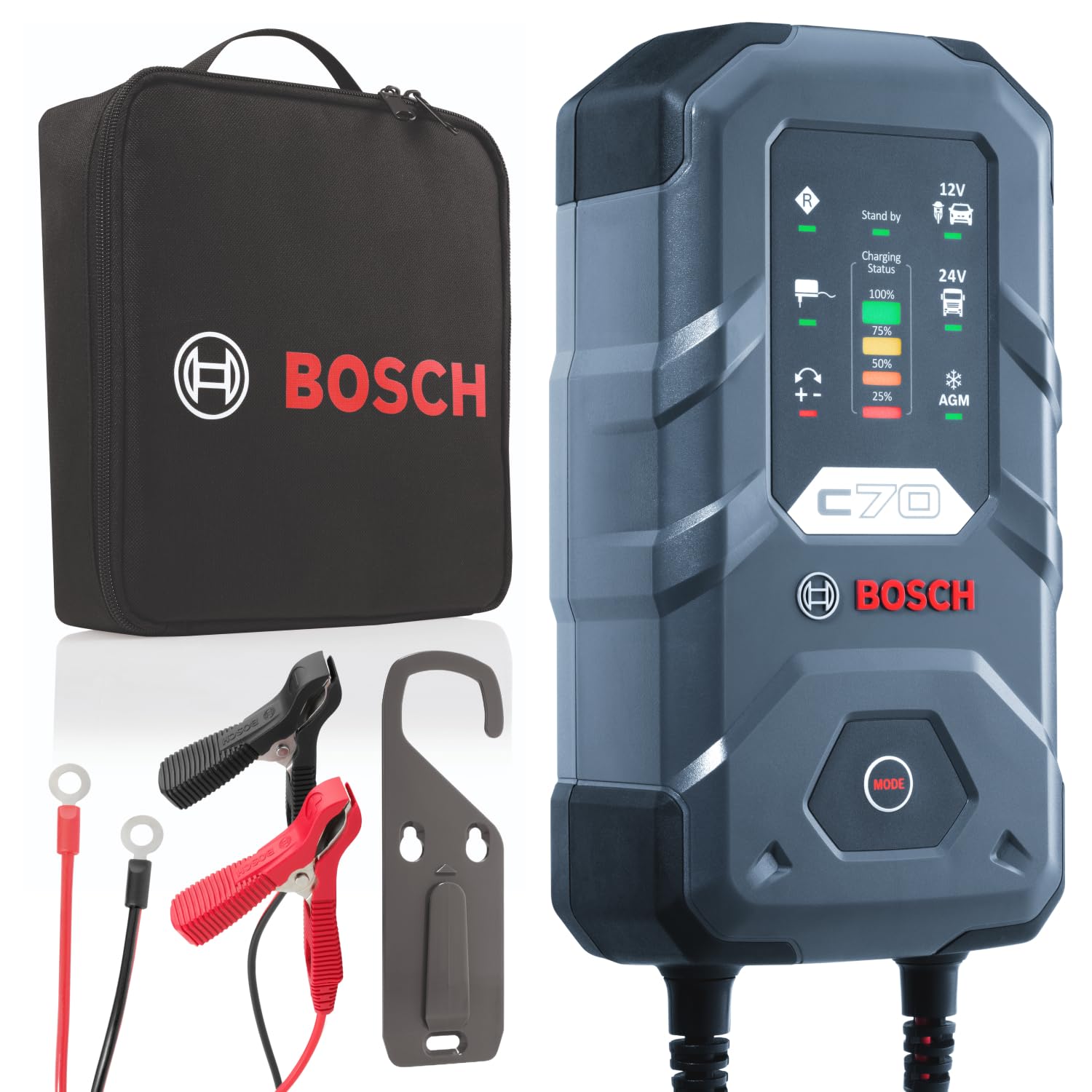 Bosch C70 Batterieladegerät, 10 Ampere, mit Erhaltungsladungs-Funktion - Autobatterie-Ladegerät für 12 V / 24 V Blei-Säure-, AGM-, EFB-, Gel-, und SLI-Batterien