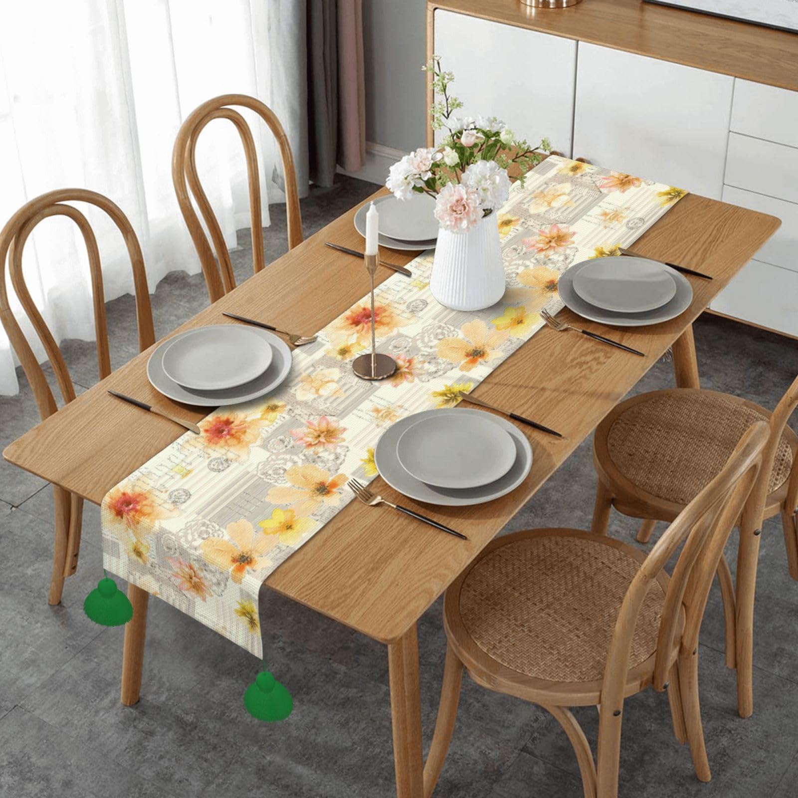 Chemin de table imprimé floral jaune clair en coton pour salle à manger et mariage
