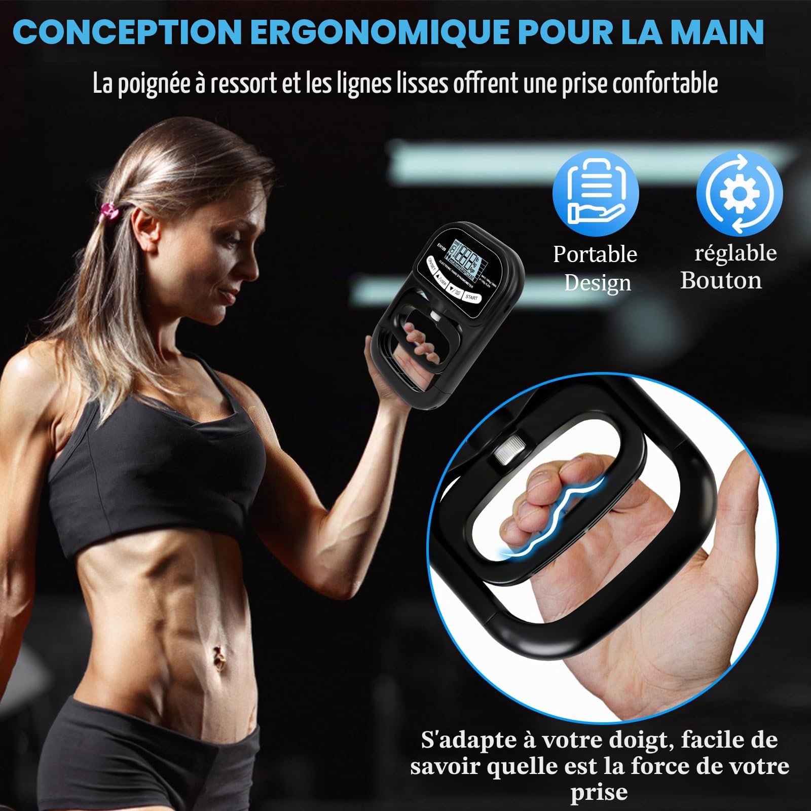 Dynamomètre Numérique à Main 180 Kg, Dynamomètre électronique Rechargeable, Avec écran LCD, 19 Fonction D'enregistrement D'utilisateur, Pour Convient aux athlètes et à l'entraînement à domicile