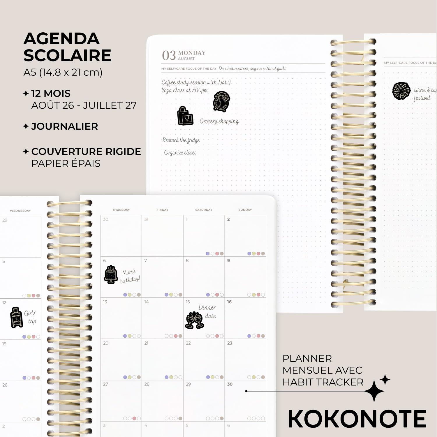 Kokonote - Agenda Scolaire 2026 2027 Journalier Rouge | Planner avec Spirale, Agenda 2026 2027 Étudiant ou Professionnel, Fourniture Scolaire Université