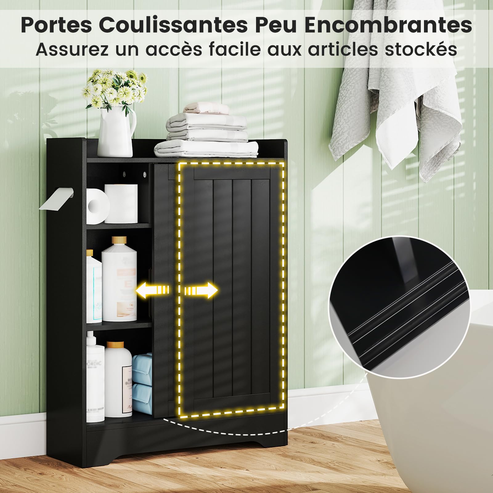 COSTWAY Meuble Salle de Bain, Armoire de Rangement avec 2 Porte-Papier Toilette, Portes Coulissantes, pour Brosse WC, Étagères Réglables, Placard, pour Petits Espaces, 20 x 60 x 80 cm (Noir)