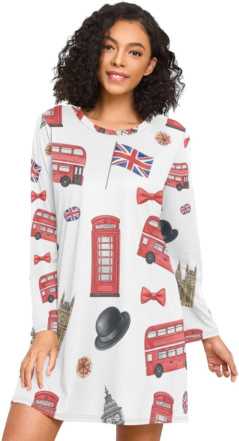 Womens Nightgown, Lounge Pajama Sleep Dress, Long Sleeve Night Shirts for Woman, Watercolor London Symbols