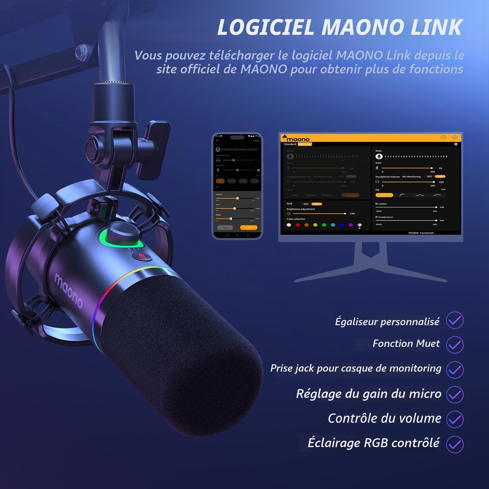 MAONO XLR-USB Dynamiques Micro Kit, PC Podcast Micro avec Bras, Logiciel, Mute, Bouton de Gain, Contrôle du Volume, Microphone pour Streaming, Gaming, PS4-PS5, Doublage, Enregistrement (PD200XS Noir)