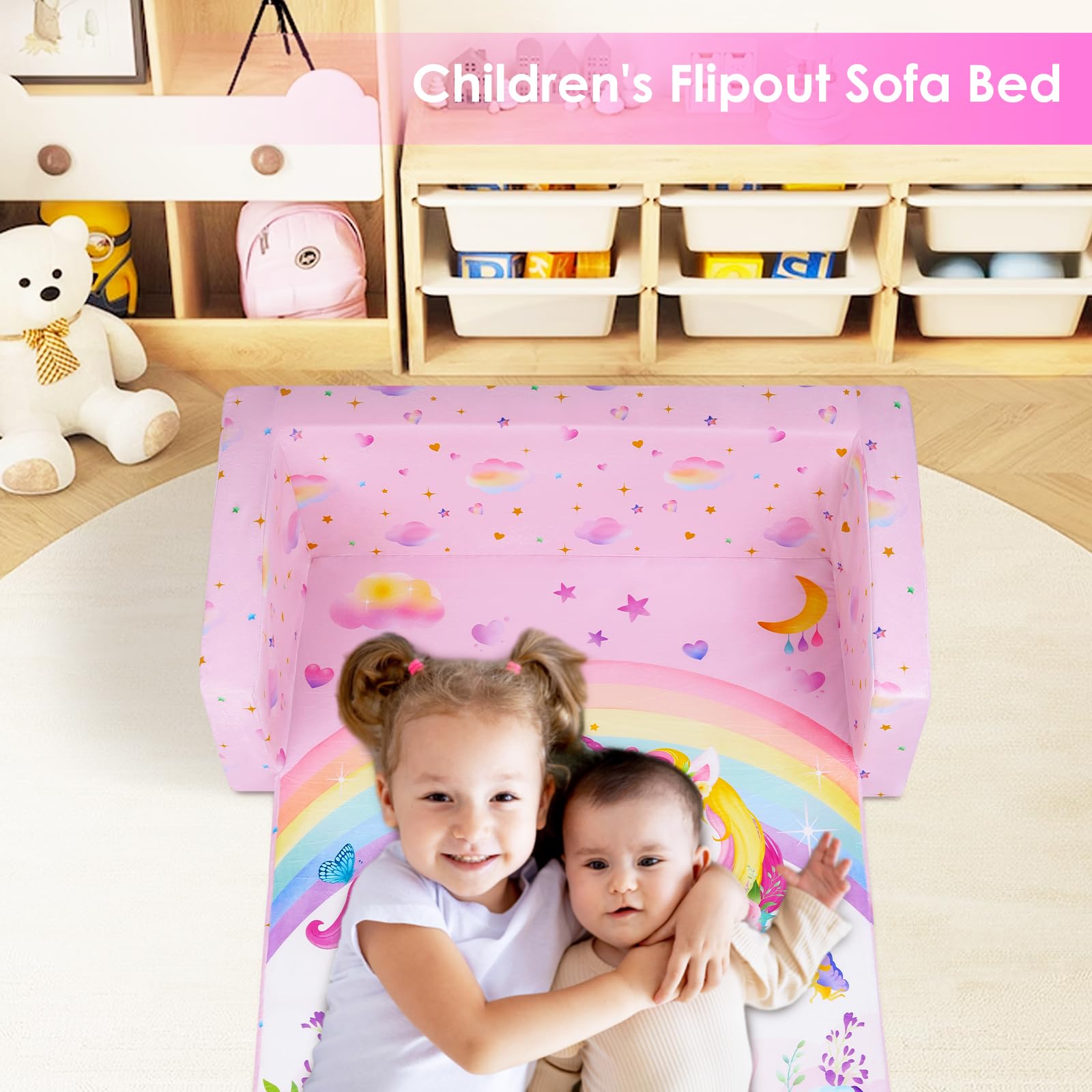 decalsweet Kindersofa Ausziehbar Klappsofa 2 in 1 Extra Große, Kindercouch mit Stofftasche und rutschfeste Matte für Mädchen Jungen, Kindersessel Spielsofa Wohnzimmer Kinderzimmer, Regenbogen Einhorn
