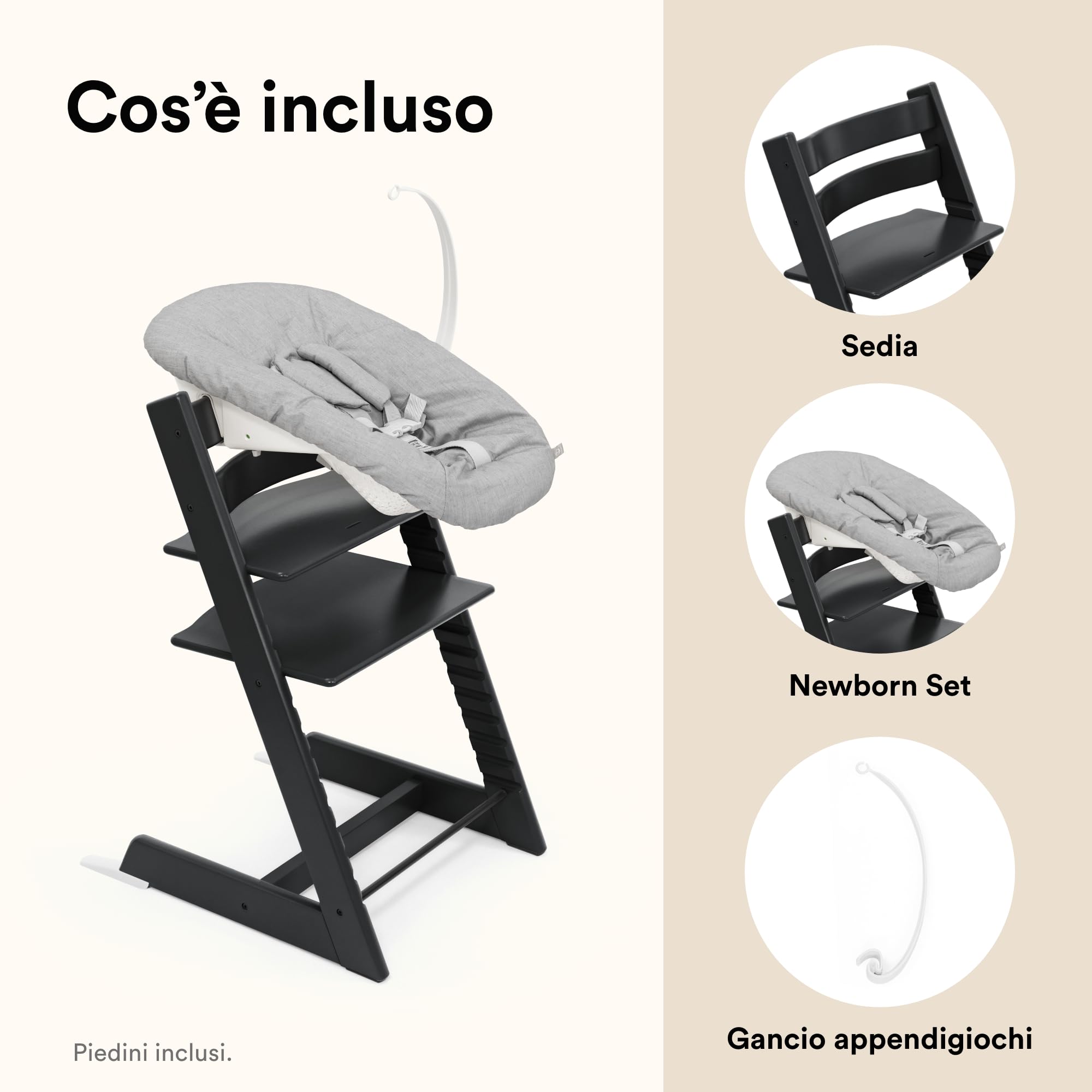 Stokke Tripp Trapp (nero) con Newborn Set (grigio) - Per neonati fino a 9 chili - accogliente, sicuro e facile da usare