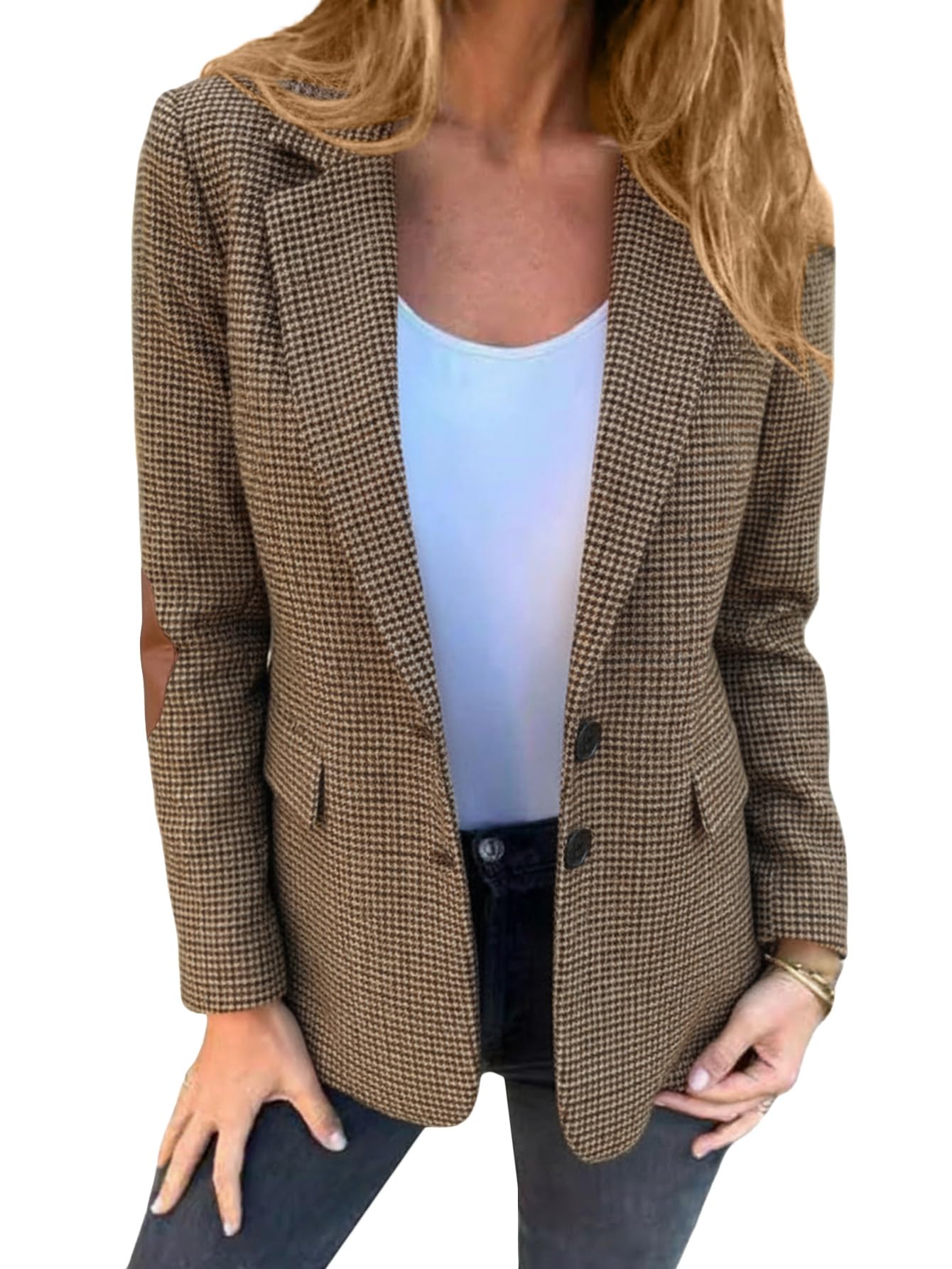 Mina Self Womens Tweed Blazer-Houndstooth Plaid Full Lining Business Casual Work Office Dressy Blazer Jackets Pockets