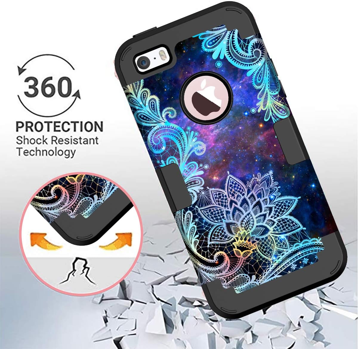 Casetego Compatible with iPhone 5 5S SE Case,Floral Three Layer Heavy Duty Hybrid Sturdy Shockproof Protective Cover Case for Apple iPhone 5 5S SE Case,Mandala