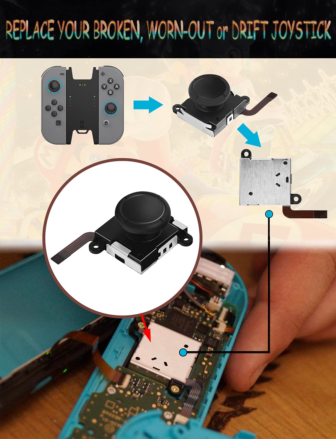Joycon Joystick Joystick 3D analogique de rechange pour manette Nintendo Switch et Switch Lite (6 pièces)