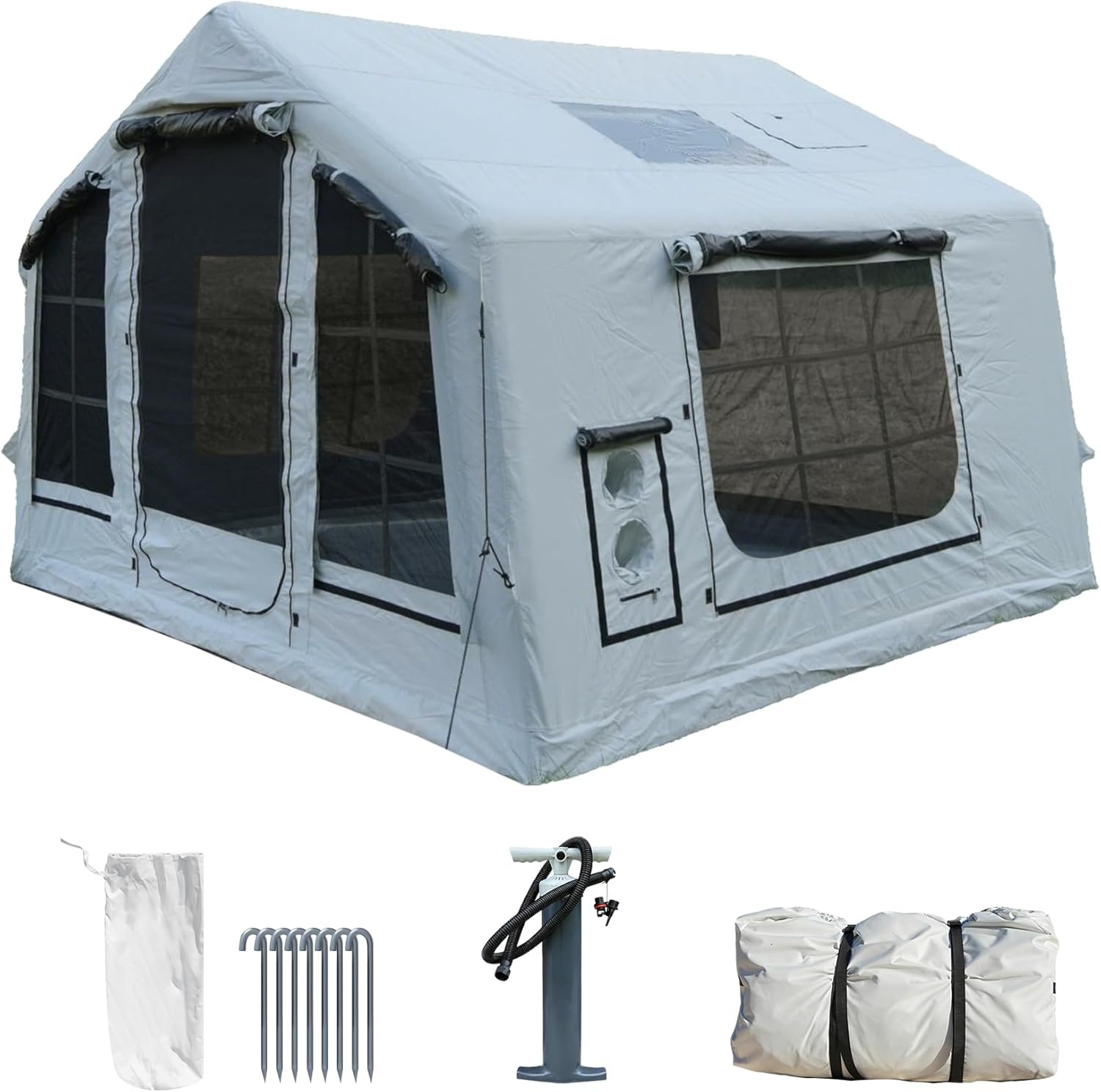 8㎡ Luxury Inflatable Camping Tent for 3-8 People, UV-Resistant 4-Season Family Tent with Chimney Port & Skylight, Oxford Fabric or Tech Cotton – White, Tank Gray, Aurora Green