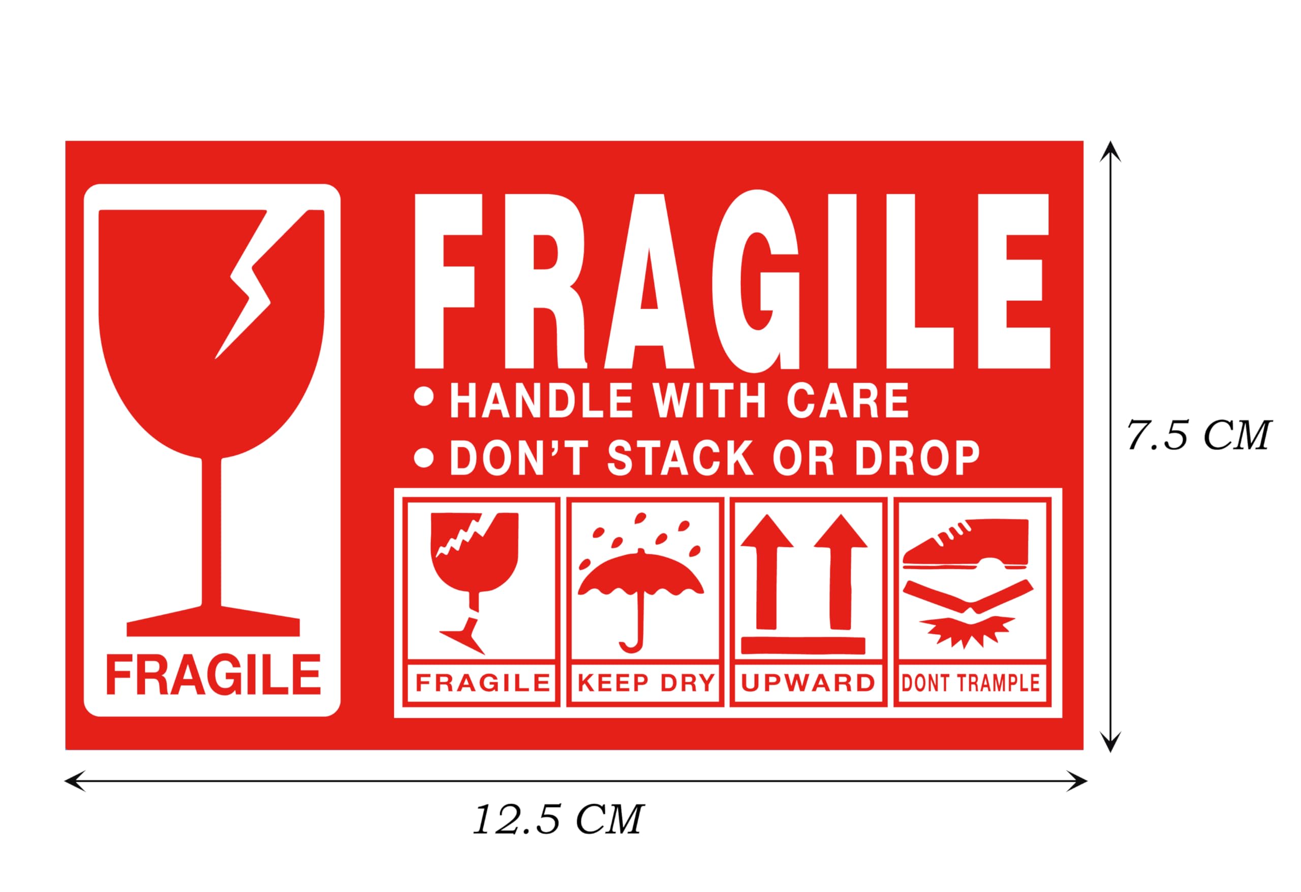 1 Rollo 1000 x Pegatinas Frágiles 125x75 mm Fondo Rojo Pegatina de Embalaje Adhesiva Fuerte Etiquetas de Advertencia Etiquetas de Embalaje Manipular con Cuidado, Artículo Frágil hacia Arriba, Cristal