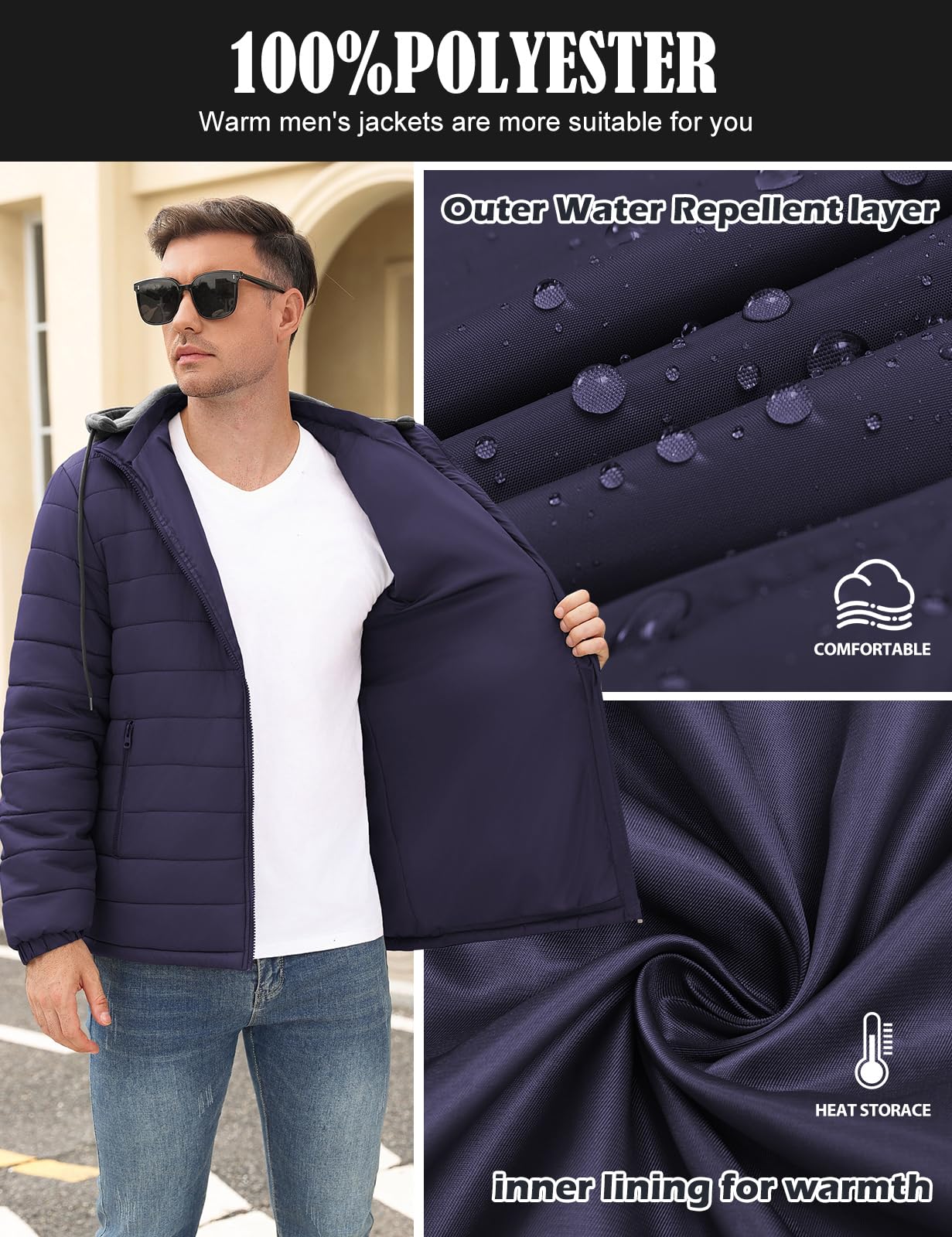 Xnova Blouson Homme Imperméable Veste Matelassée Coupe Vent Automne Hiver Doudoune Capuche Détachable
