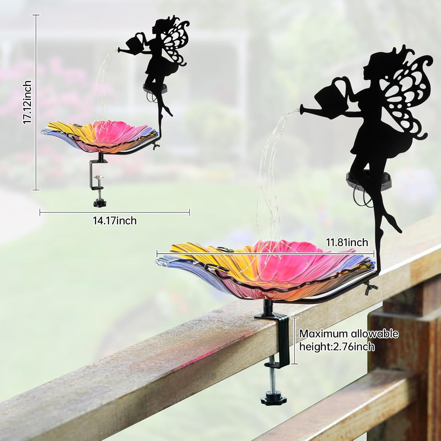 VChymm Solar Glass Colored Bird Bath，Birdbaths Deck Mounted 19.5 Inches Bird Bath 4 Inches Deck Adjustable Steel Clamp，Balcony Railing Birdbaths, Fence Clamp Detachable…