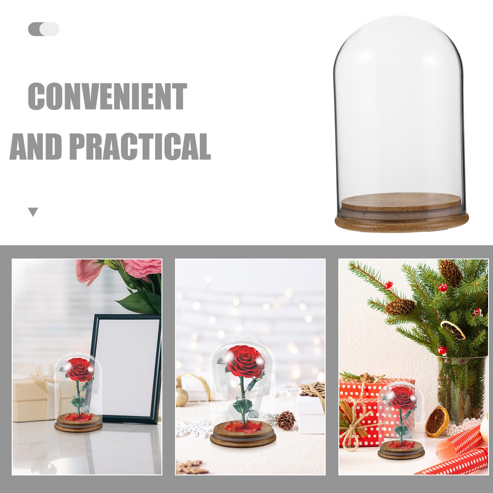 Cupola Espositiva in Vetro con Base in Bambù per Sfere Decorative e Collezioni Creative Miniature, Design a Cupola Trasparente per Centrotavola Raffinato e Decorativo