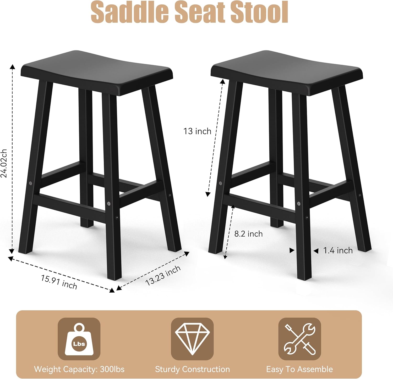 Bar Stools Set of 2, Waterproof UV-Resistant,Durable Resin Kitchen Island Chairs for Indoor & Outdoor Use, Modern Design for Home,Bar,and Cafe (24“)