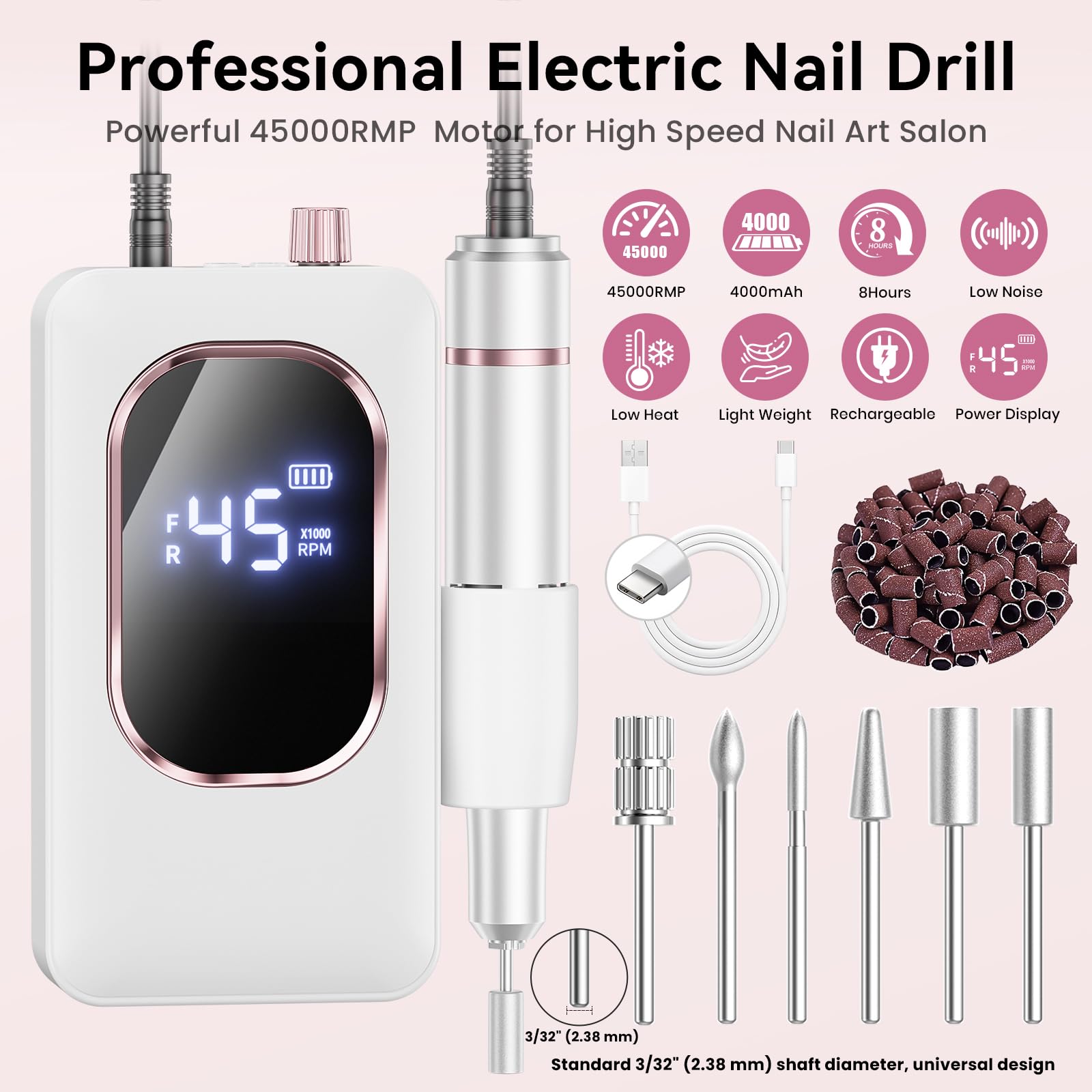 Amazon.com: Professional Electric Nail Drill 45000RPM, Portable