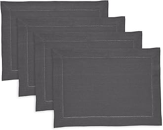 Solino Home Linen Cloth Placemats Set of 4-100% Pure Linen Medium Weight Hemstitch Charcoal Placemats 14 x 19 Inch - Handcrafted and Machine Washable Place Mats for Winter, New Year
