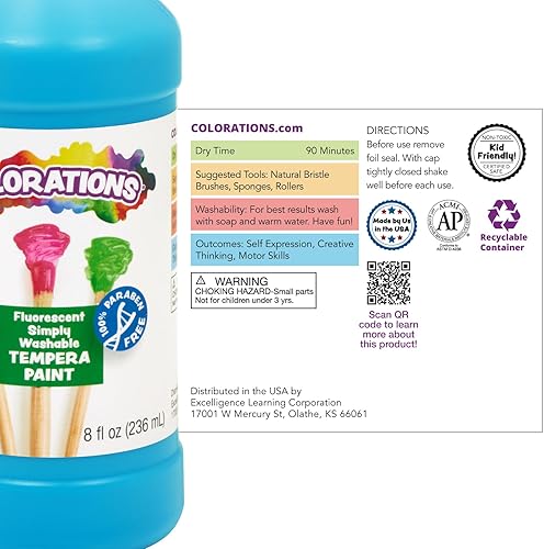 Vista 9 de Colorations Pintura de témpera lavable sin parabenos para niños, botellas de 8 onzas, juego de 6 colores primarios, no tóxica y fabricada