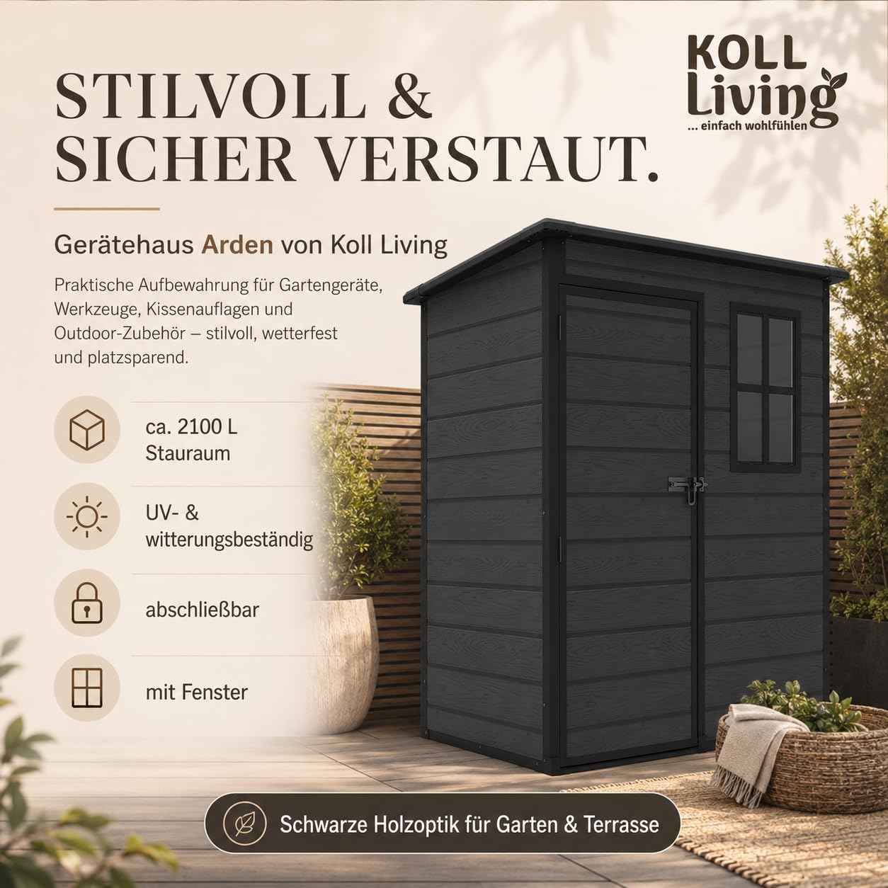 Koll Living Gartenhaus Arden | 2100 Liter, 152 x 91,5 x 193 cm | hochwertige Kunststoffpaneele in Schwarz | mit Fenster, abschließbar | UV- & witterungesbeständig